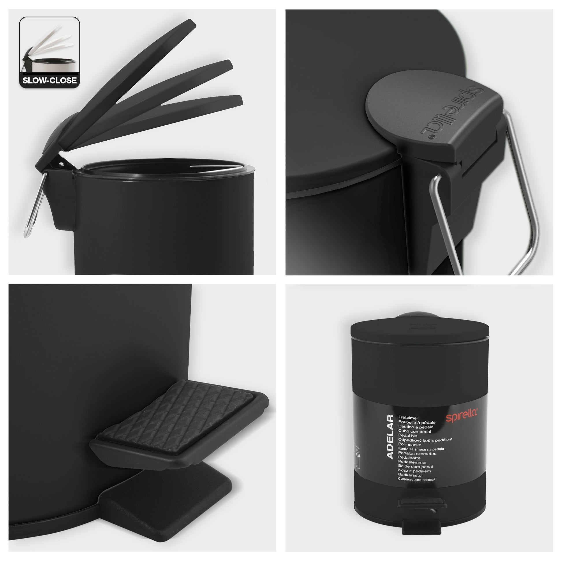 Spirella Papierkorb Adelar – 3 l – Stahl, schwarz matt – B × H × T 168 × 228 × 250 mm