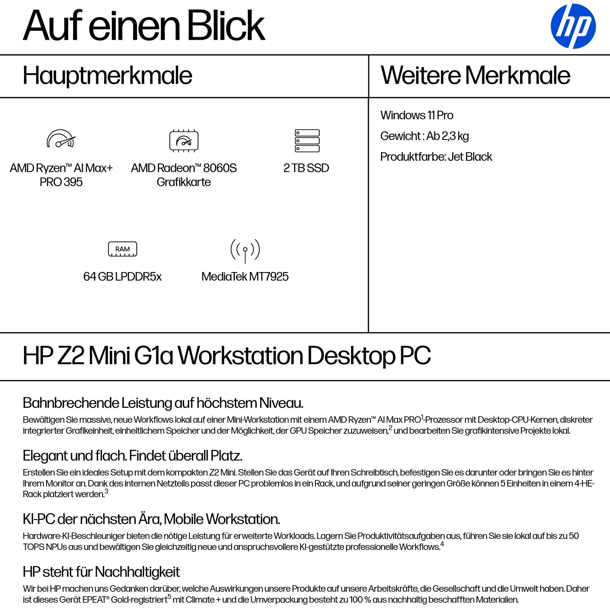 HP Z2 G1A Micro – AMD Ryzen AI Max+ PRO 395, 64 GB RAM, 2 TB SSD, Windows 11 Pro