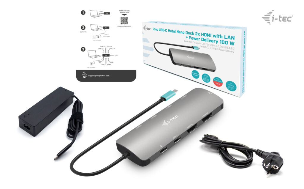 i-tec Metal Nano Dockingstation – USB-C, 2× HDMI, 4× USB-A, 2× USB-C, 100 W PD, GbE, für Windows/Mac/ChromeOS