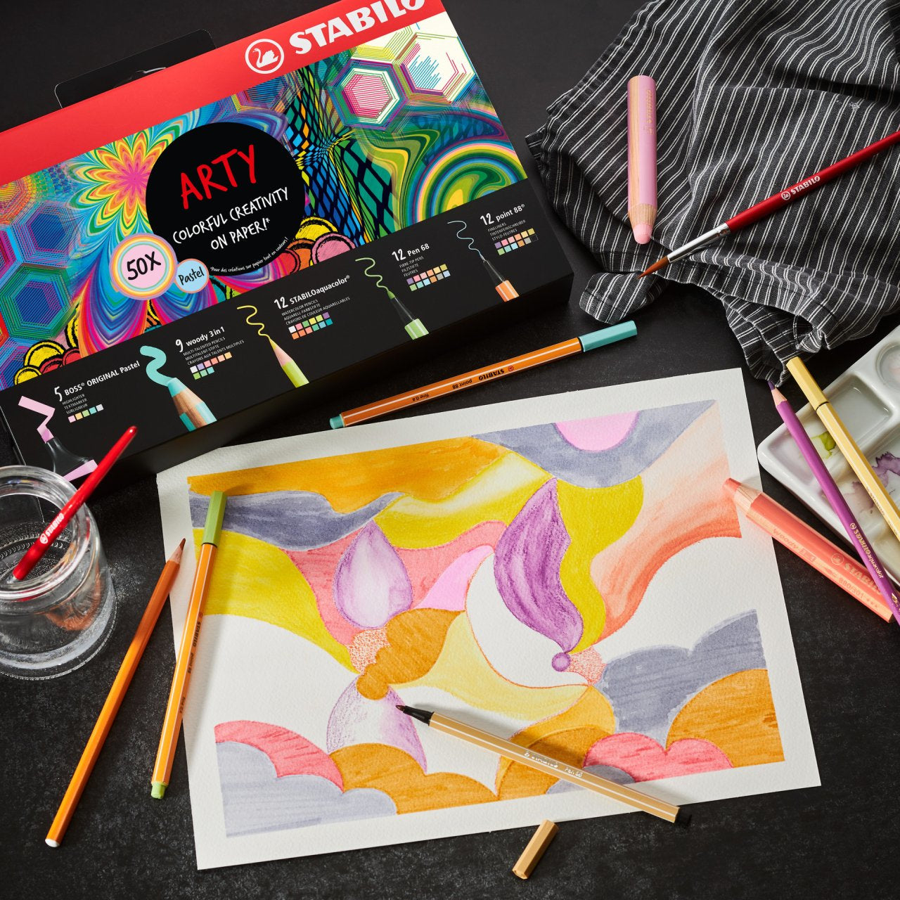 STABILO ARTY Stifte-Set – Pastell, 50 Stk., Box, mit 21 Farbstiften, 12 Filzstiften, 12 Finelinern