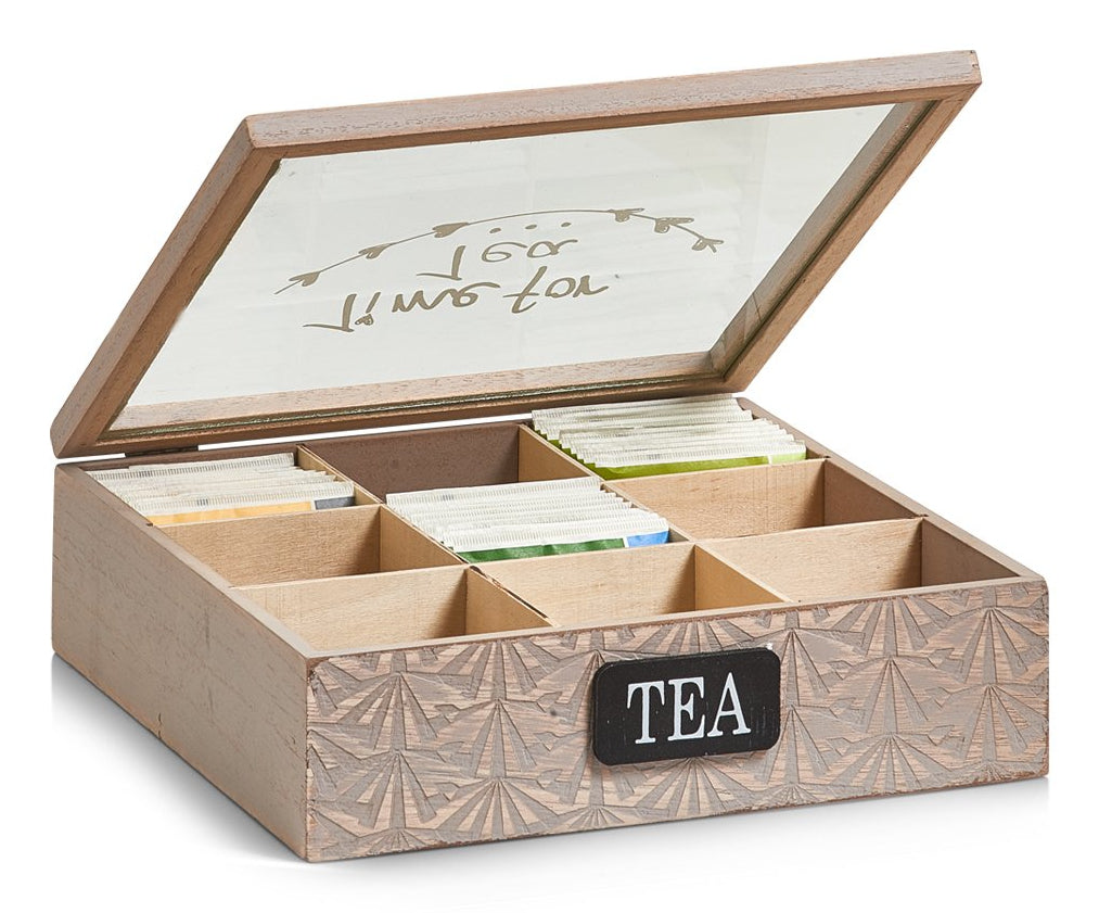 Zeller Present Teebeutelbox MDF/Paulownia-Holz/Glas, 9 Fächer, 24 × 24 × 8 cm, Braun