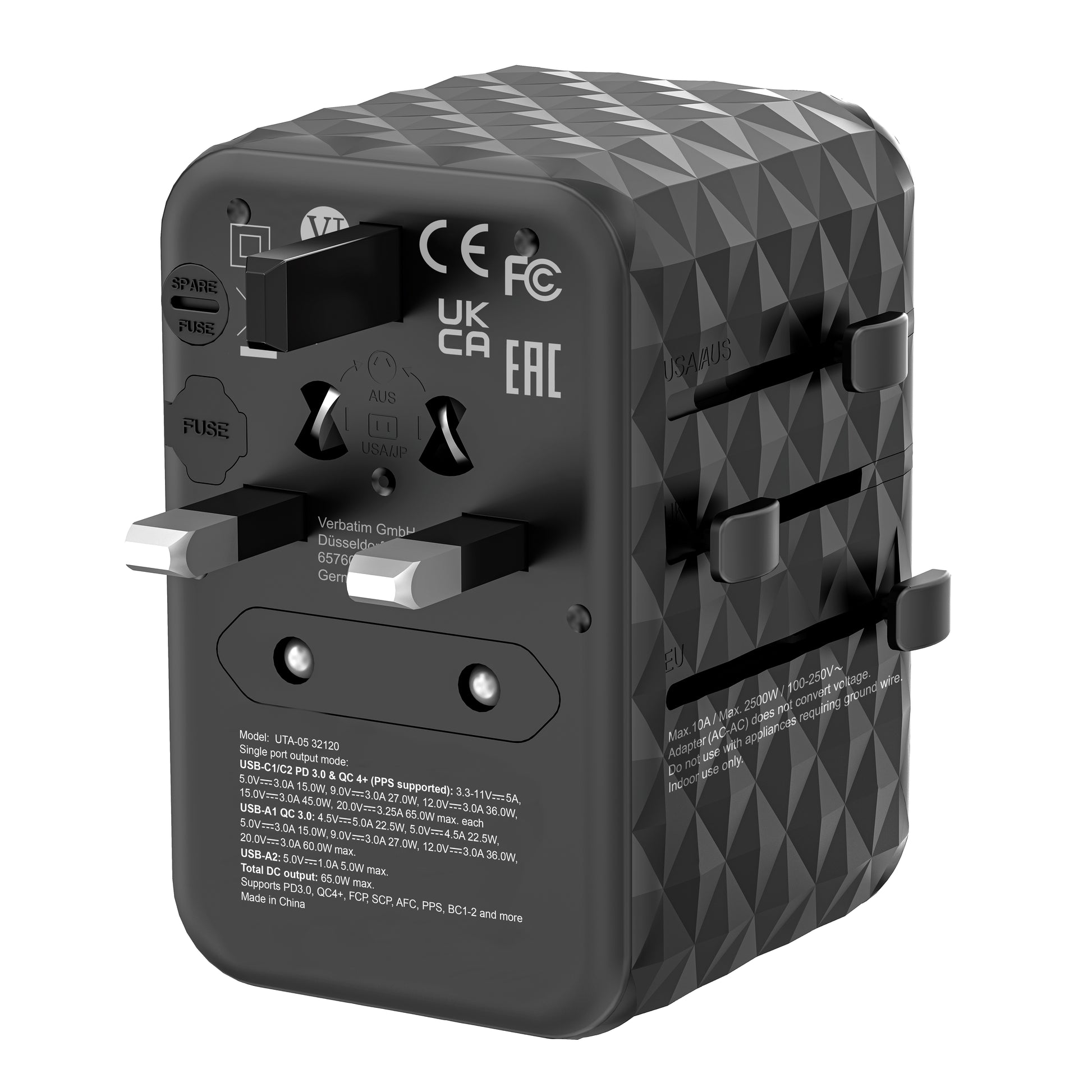 Verbatim Reiseadapter – UTA-05 GaN III Universal, PD 65 W, QC 4+, 2× USB-A, 2× USB-C, Schwarz