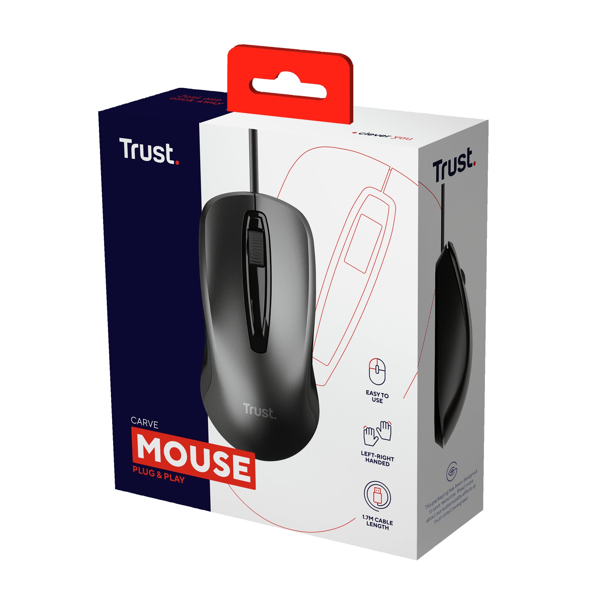 Trust Carve – Maus – Kabelgebunden (USB‑A), 1200 DPI, beidhändig, Schwarz