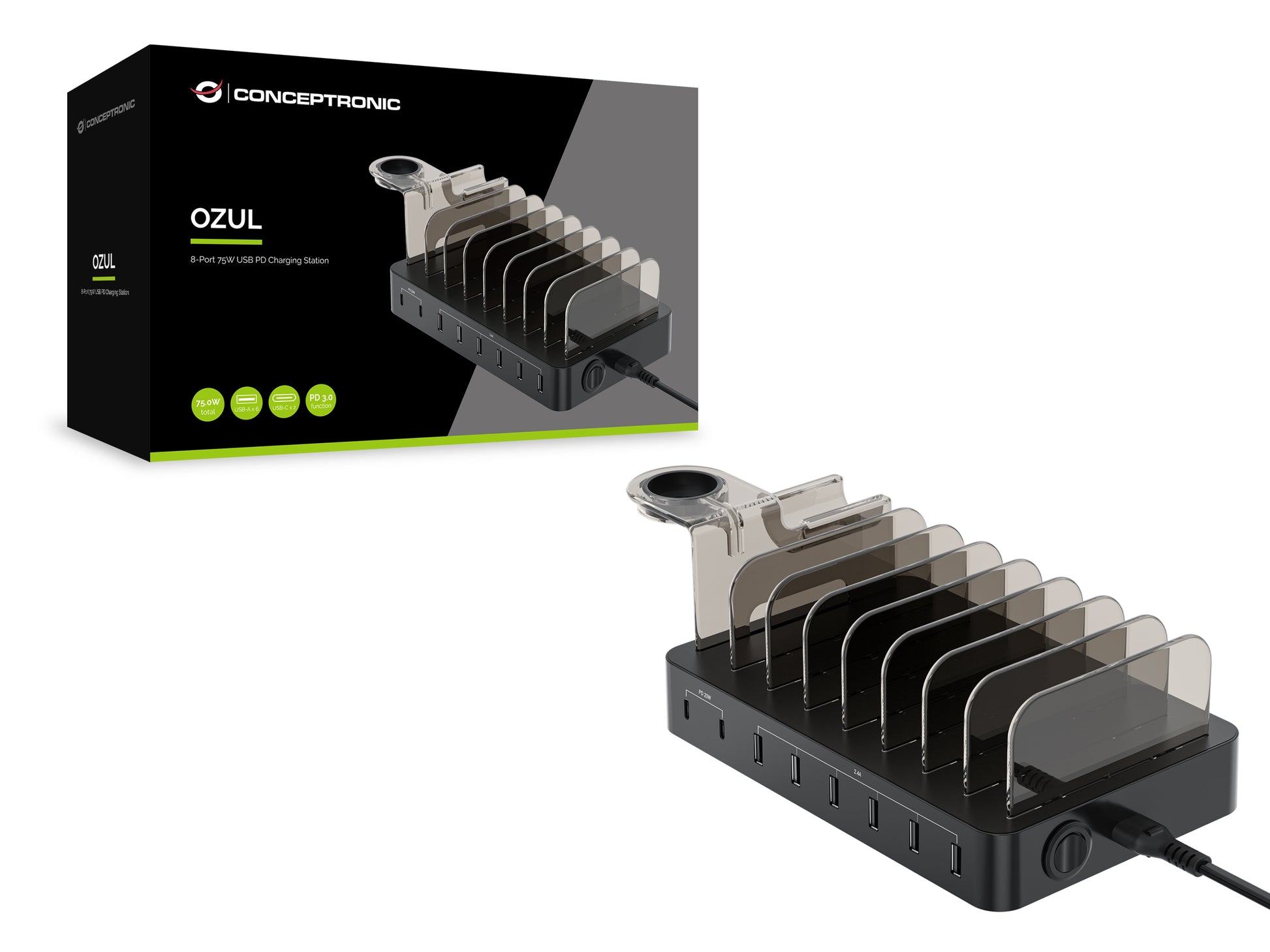 Conceptronic OZUL02B USB-Desktop-Ladegerät 75 W – USB-C×2, USB-A×6 – PD 3.0 – Schwarz