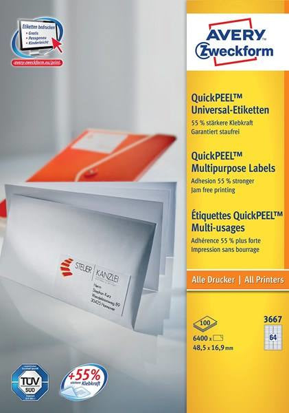 AVERY ZWECKFORM – Drucker-Etiketten, 49 mm × 17 mm, weiss, 6400 Etiketten (100 Blatt)