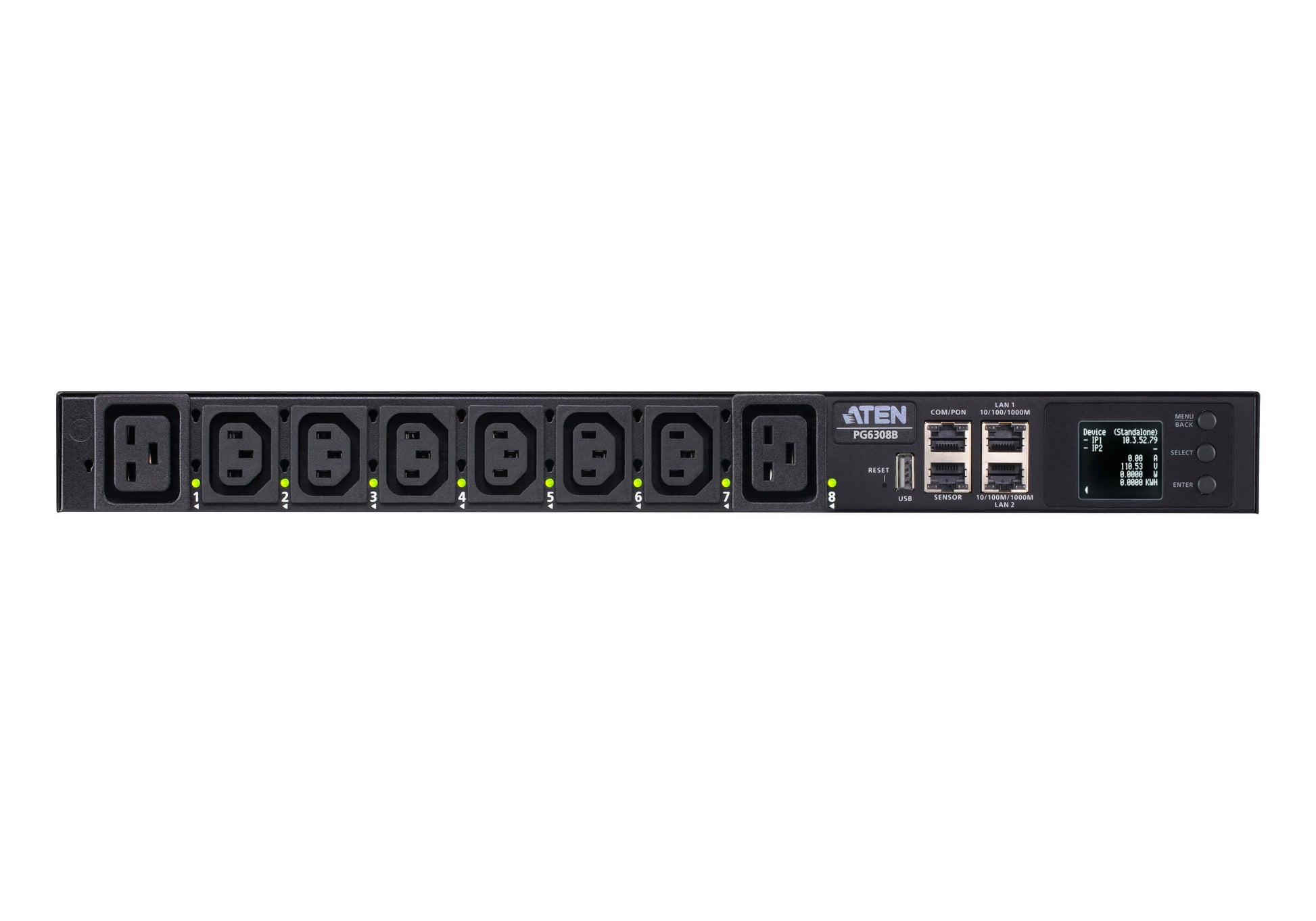 ATEN PG6308G – Intelligente PDU – 19" Rack, 1U, 8×AC (6×C13, 2×C19), LCD, 2×RJ45, Schwarz