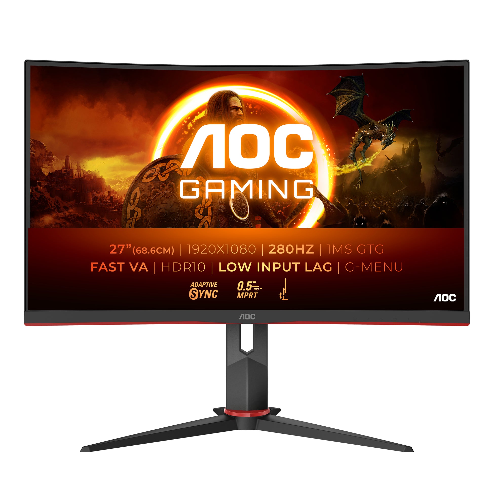 AOC C27G2Z3/BK – Monitor, 27" 1920 × 1080 (Full HD), VA, 280 Hz, 300 cd/m², Gebogen, VESA 100 × 100, Rot
