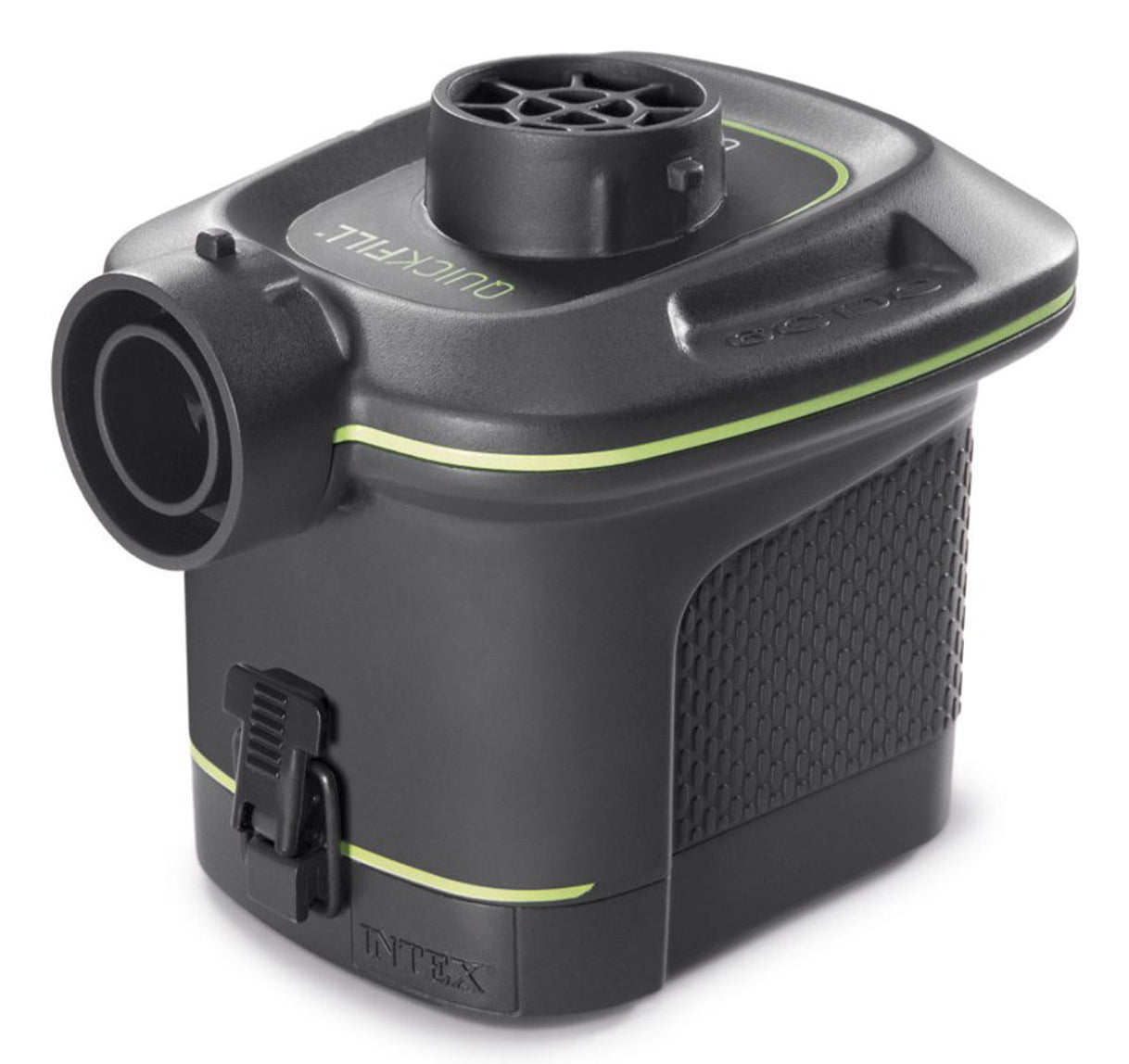 Intex Quick-Fill Akku-Luftpumpe – 420 l/min, 3 Düsen, 6× C, Druckablass – für Schlauchboote – Schwarz