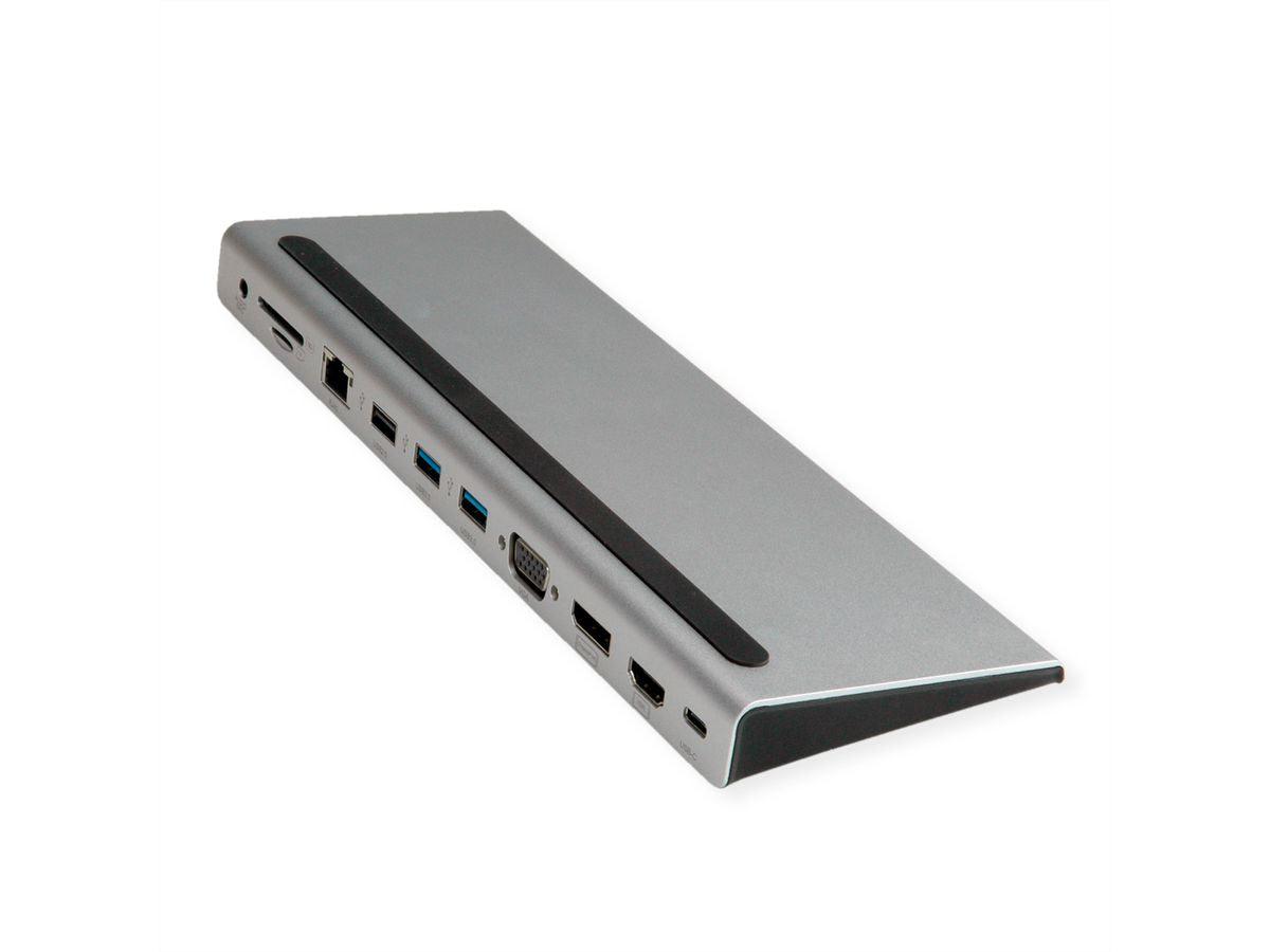 VALUE Dockingstation – USB-C, DP/HDMI/VGA, 3× USB-A, GbE, SD/microSD, 3,5 mm Audio, für Windows/Mac
