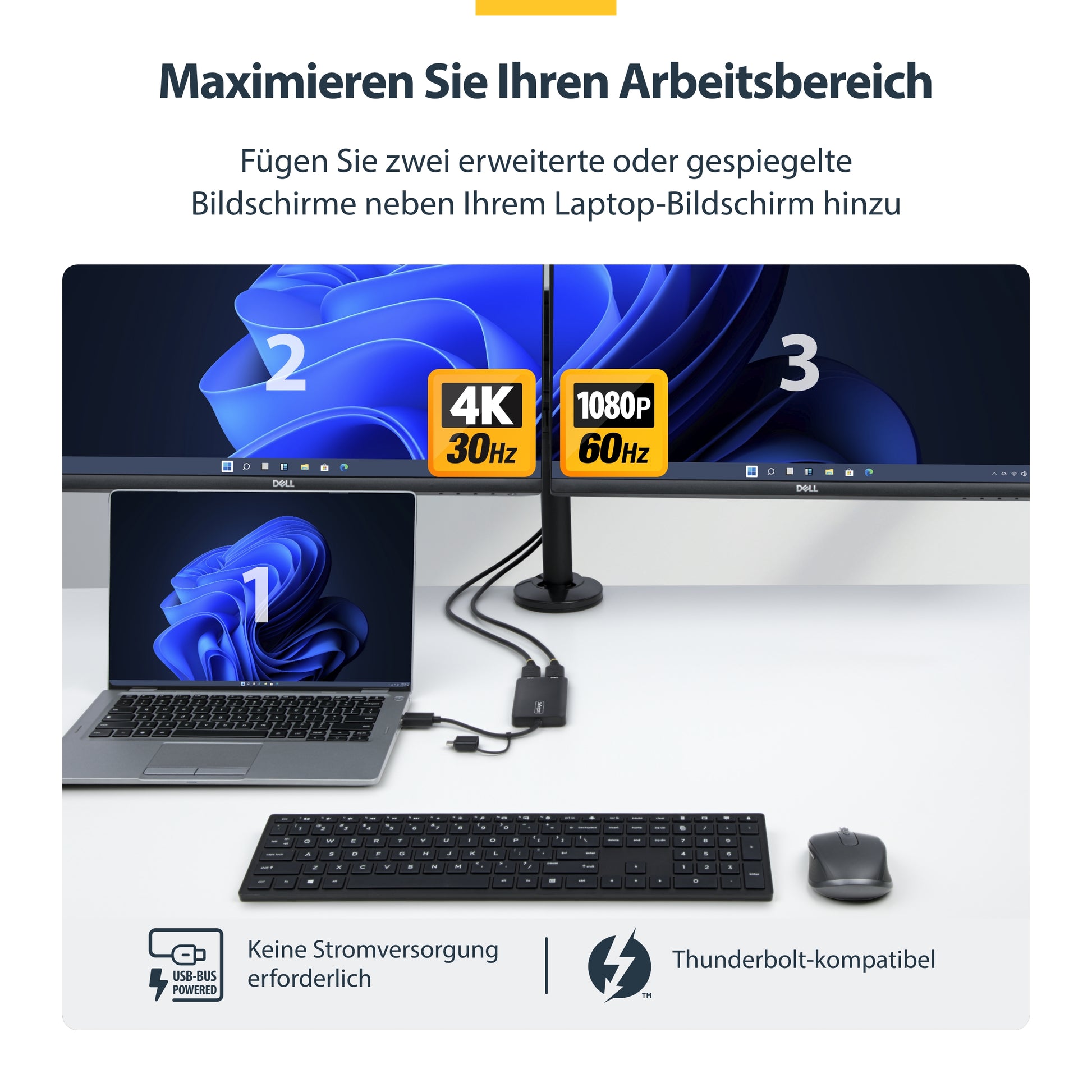StarTech.com Dual-HDMI USB-A/USB-C Adapter – 4K (3840 × 2160) @ 30 Hz, 11 cm – für Windows, macOS, Chrome OS