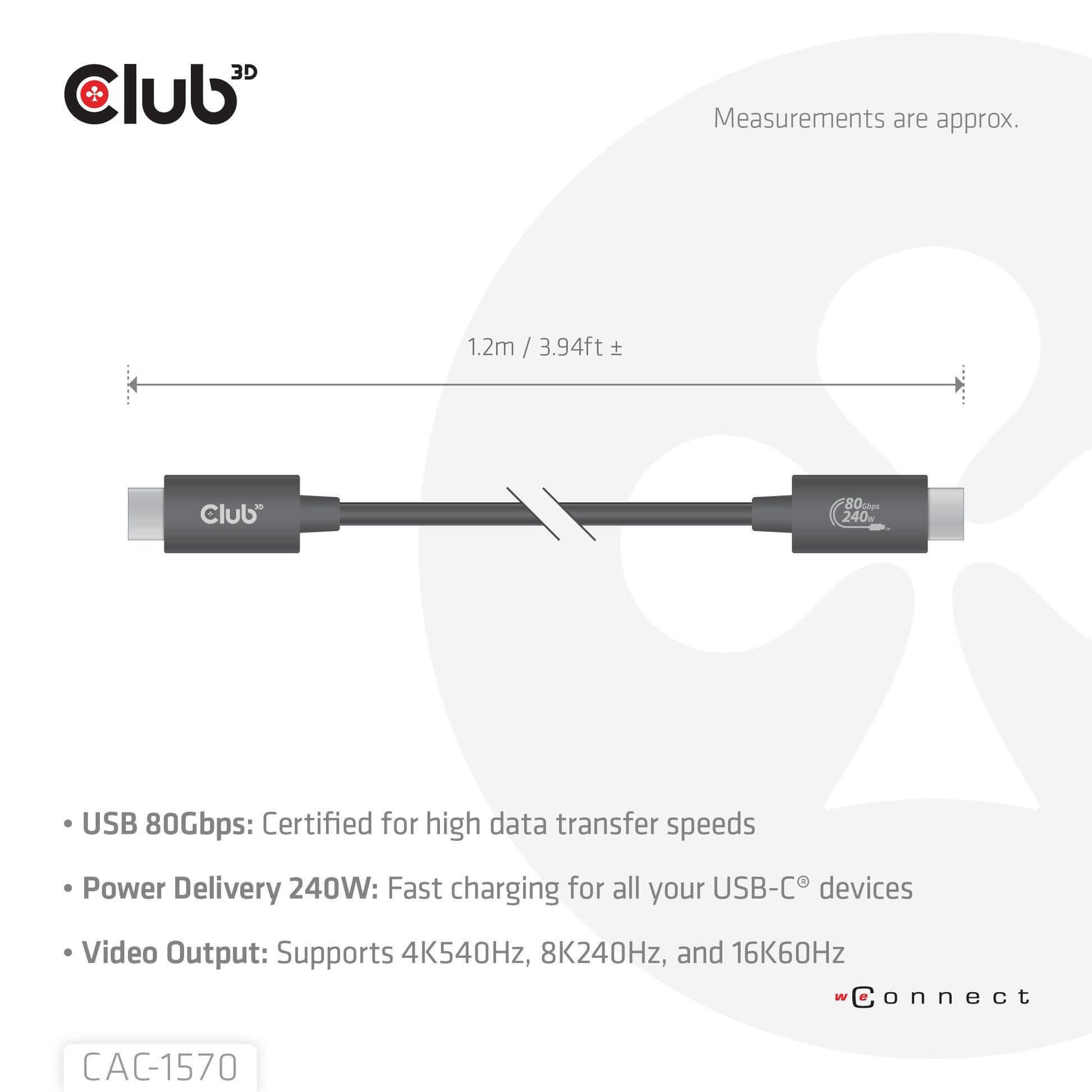 CLUB3D Club 3D – USB-C auf USB-C Kabel – USB4 80 Gbit/s – 1,2 m – PD 240 W – USB-IF zertifiziert – Schwarz