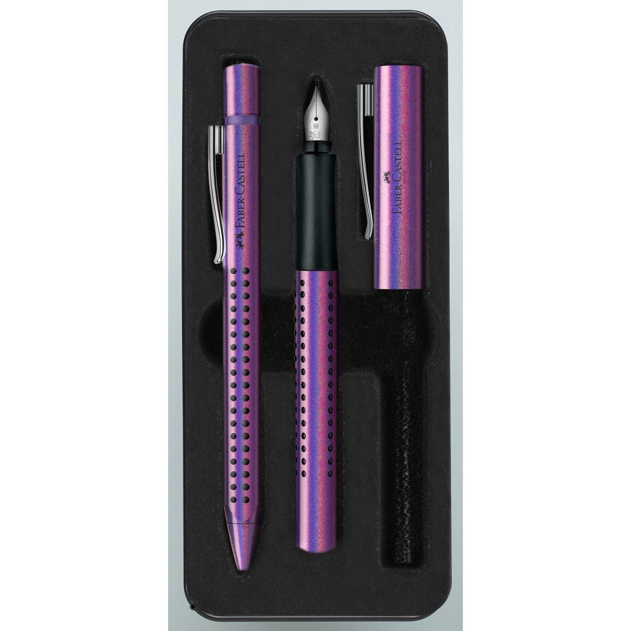 Faber-Castell Grip Edition Glam Schreibset – Kugelschreiber XB & Füllfederhalter M – Blau – Metalletui – 2-teilig