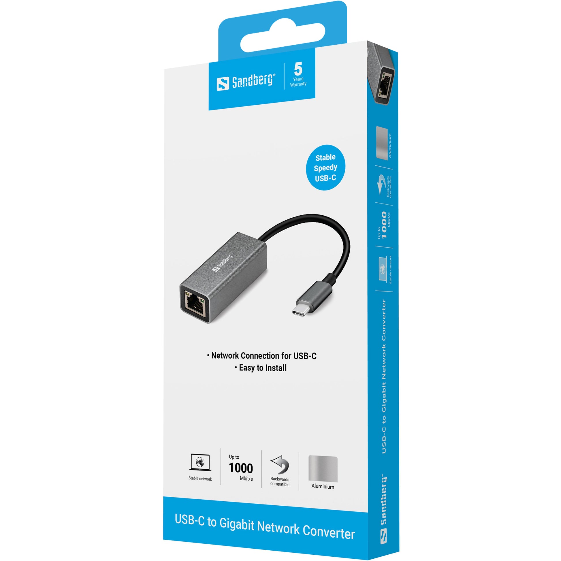 Sandberg Netzwerkadapter USB-C zu RJ-45 – 1 Gbit/s, USB 3.2 Gen 1 (5 Gbit/s), für Windows und macOS