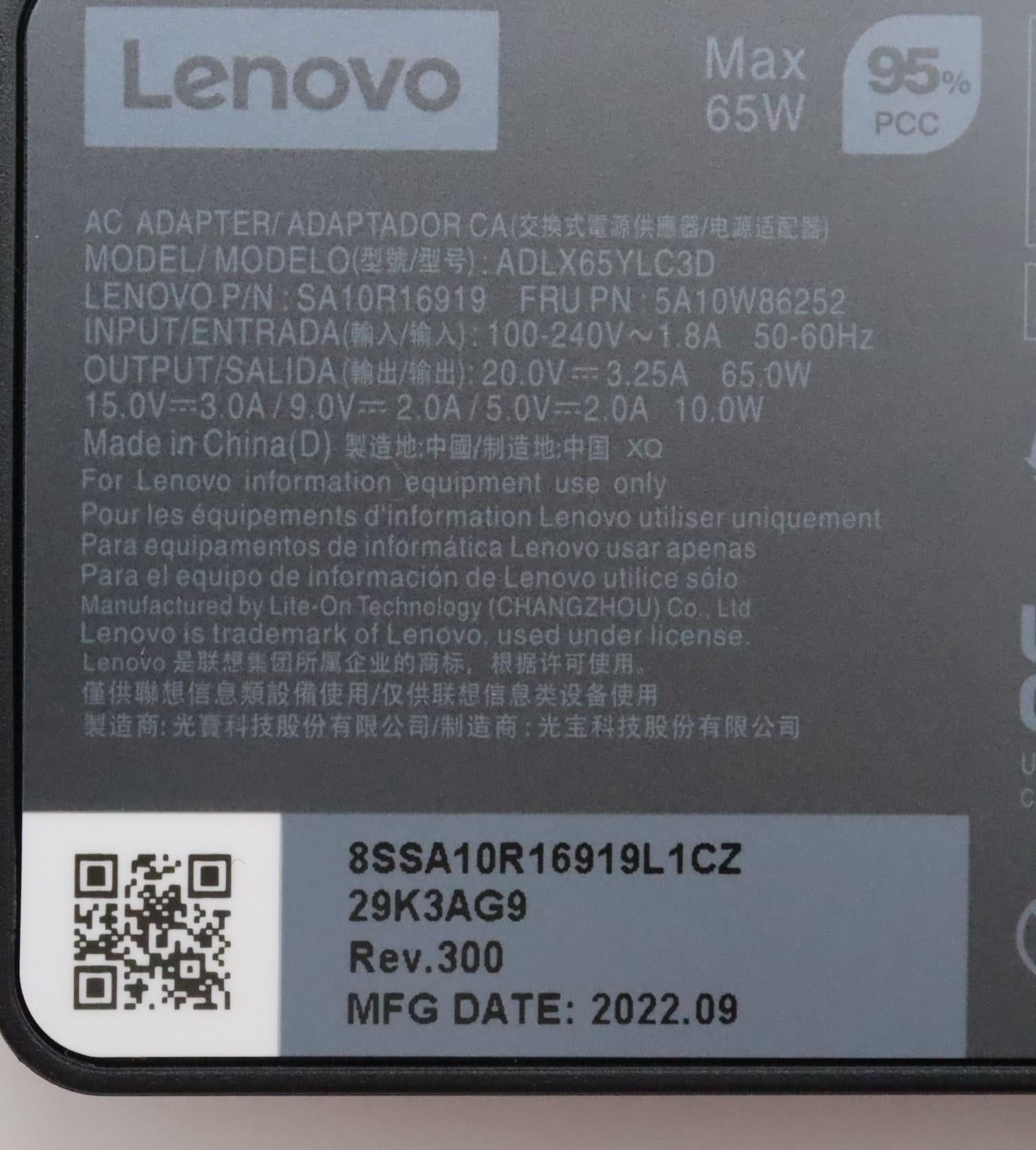 Lenovo 5A10W86252 Netzteil 65 W – 5–20 V, 3,25 A – für Lenovo-Notebooks – Schwarz