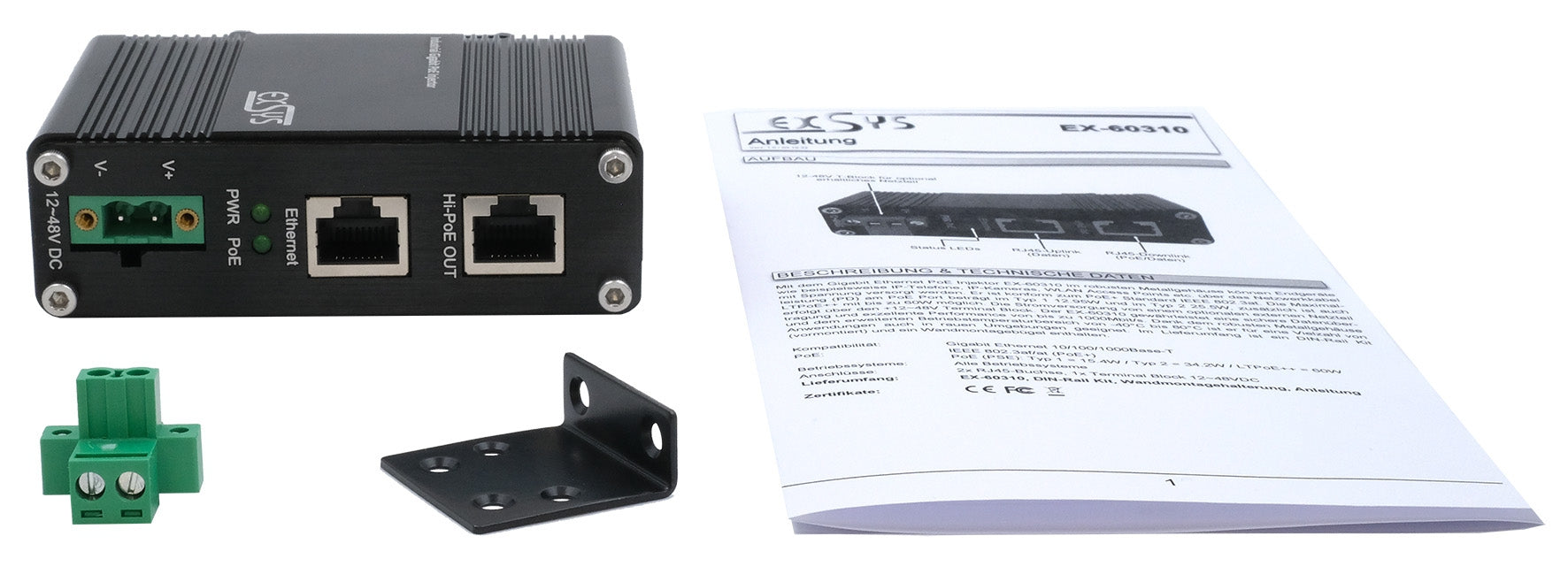 EXSYS EX-60310 PoE-Injektor – 60 W (IEEE 802.3af/at/bt), Gigabit, 2× RJ-45