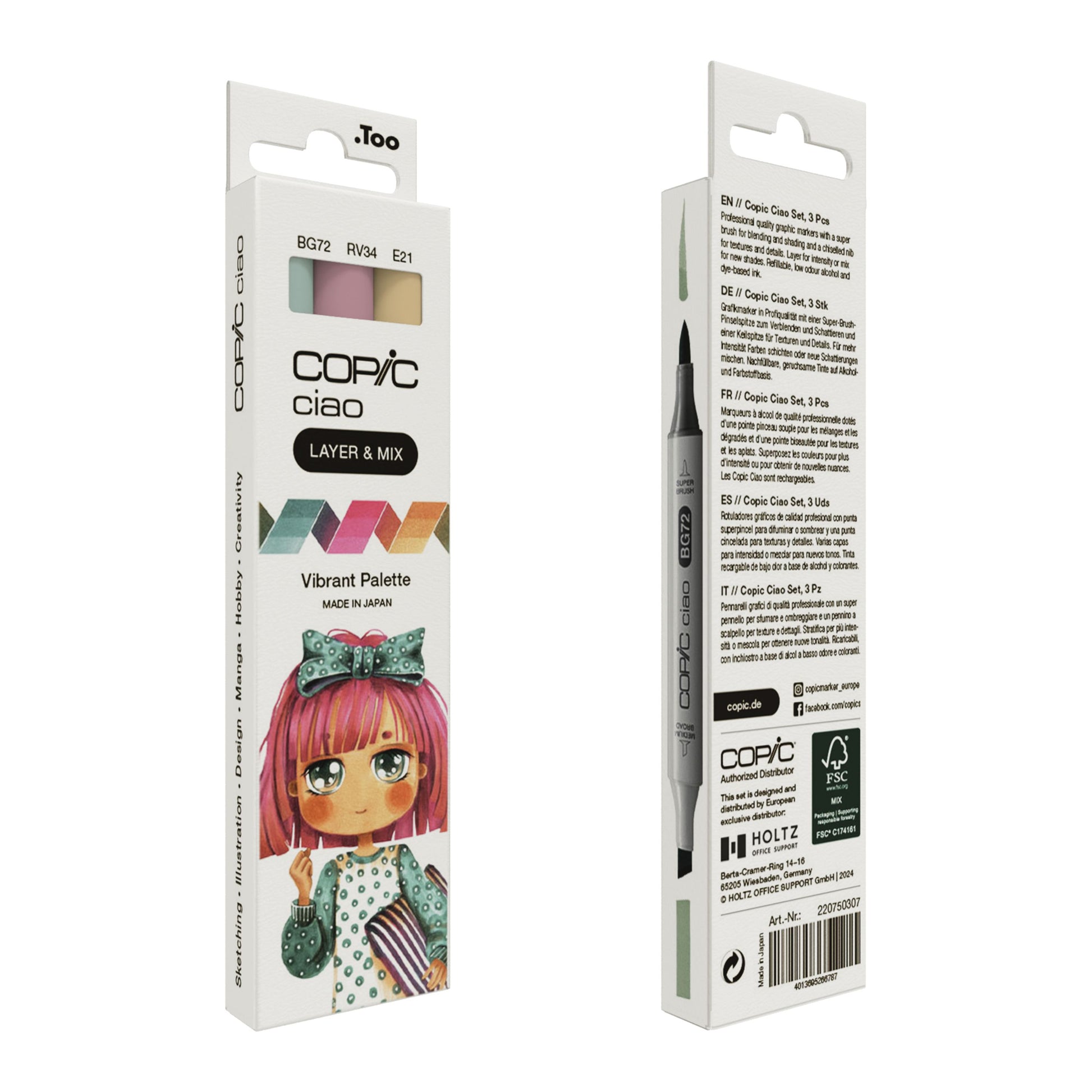 Copic Ciao Pinselstift, Doppelspitze, Vibrant Palette – Kombi (Pinsel + Keilspitze), alkoholbasiert, 3er Set