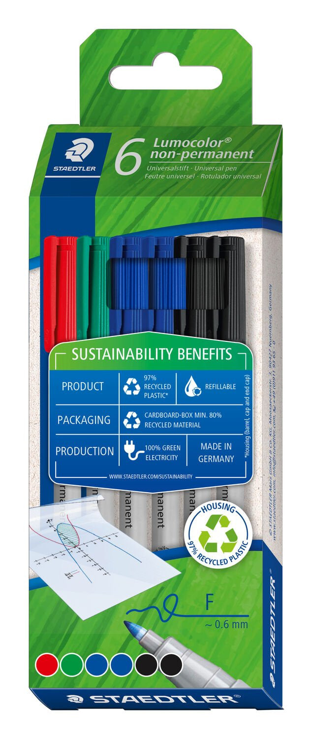 Staedtler Universalmaker Non-Permanent – Rundspitze 0,6 mm, 4 Farben, 6 Stk., feucht abwischbar, nachfüllbar