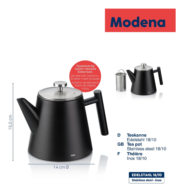 Kela Teekanne Modena – 1 l, Ø 14 cm × H 15,5 cm, Edelstahl, mit Edelstahlfilter