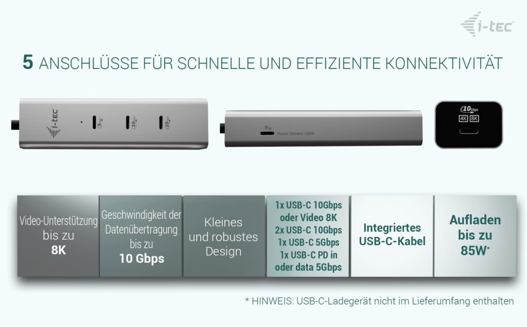 i-tec USB-Hub – USB-C, USB-C Video 8K, 85 W PD, für Windows/Mac/ChromeOS