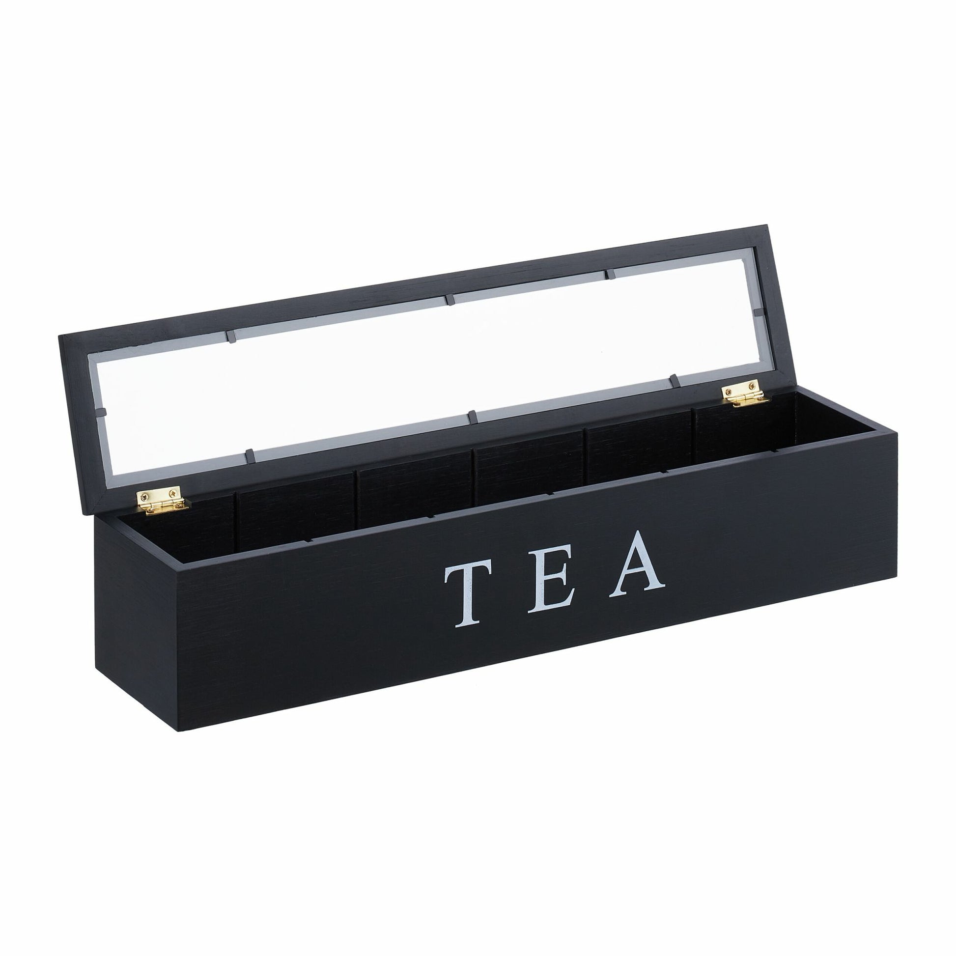 Relaxdays Teebeutelbox Bambus/Acryl, 6 Fächer, 43,5 × 9 × 9 cm, Schwarz/Transparent/Weiss