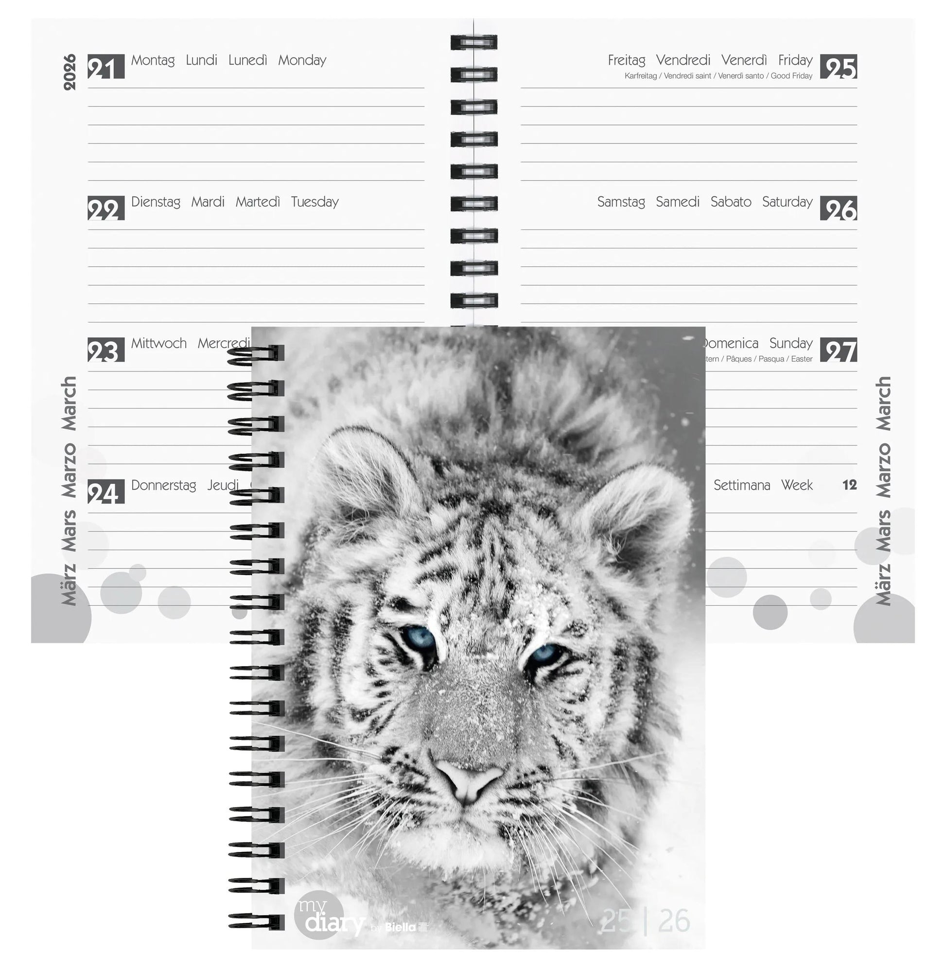 Biella mydiary Schüleragenda – 1 Woche/2 Seiten, Spiralbindung, 12 × 16,5 cm, Aug–Jul, Schwarz & Weiss, FSC