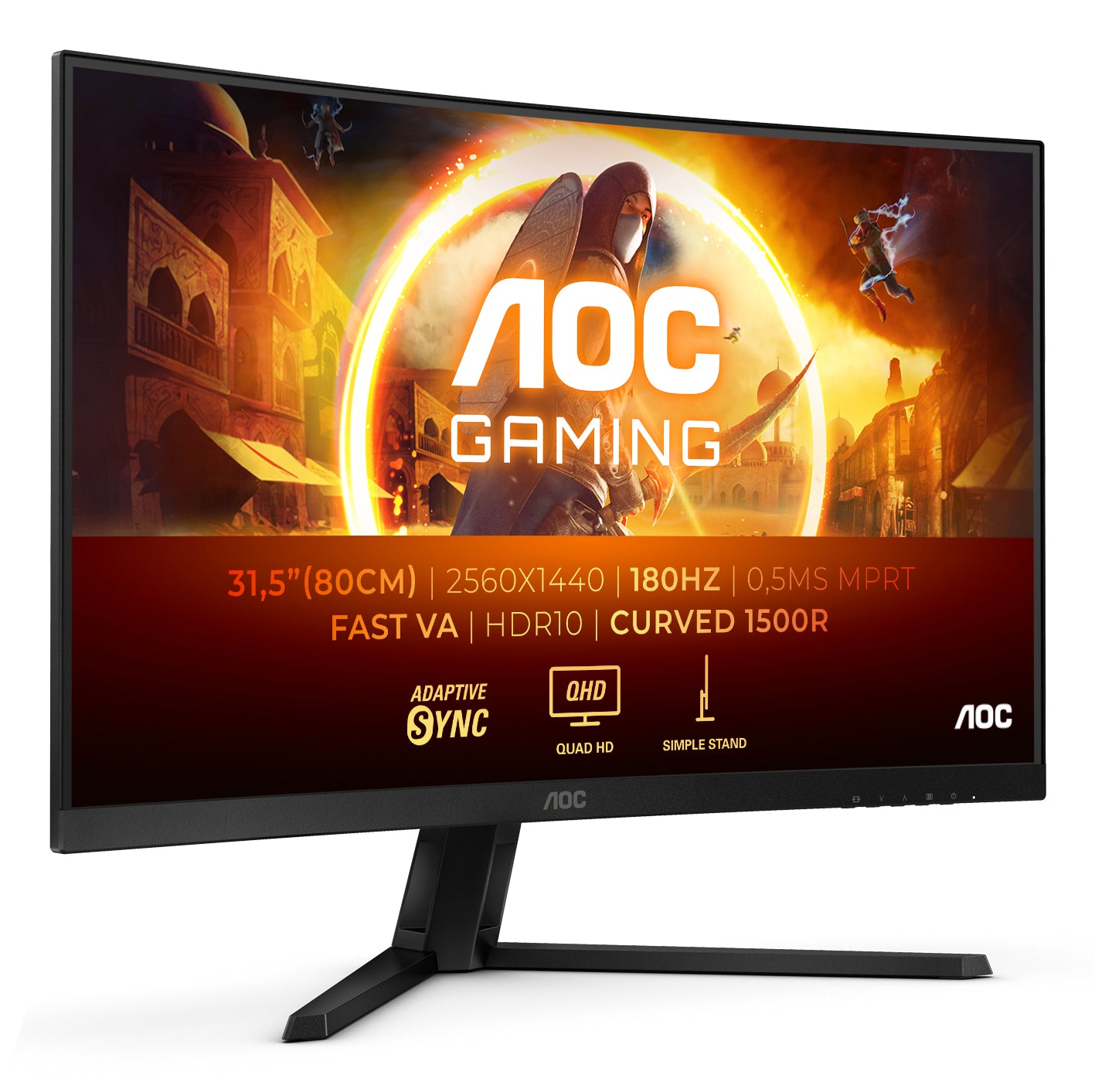AOC CQ32G4VE – Monitor, 32", VA, 180 Hz, 300 cd/m², Gebogen, Adaptive Sync, VESA 100 × 100, Schwarz