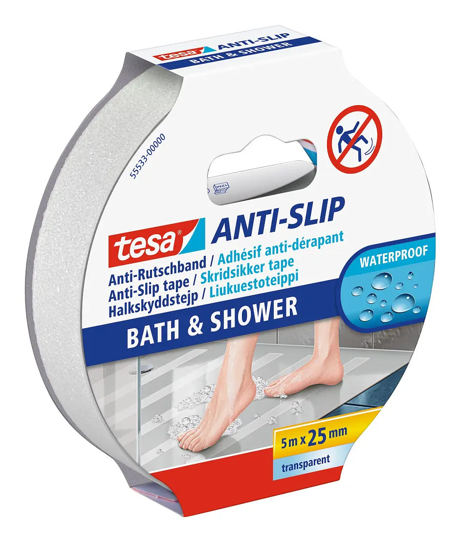 TESA Antirutsch-Badestreifen – 2,5×500 cm, PVC, Transparent