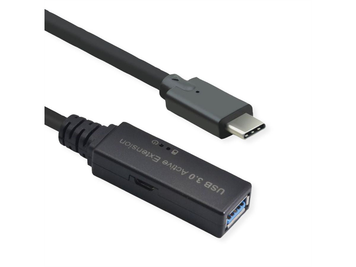 ROLINE USB-C Verlängerungskabel (Stecker auf Buchse) – USB 3.2 Gen 1 (5 Gbit/s) – 20 m – Schwarz