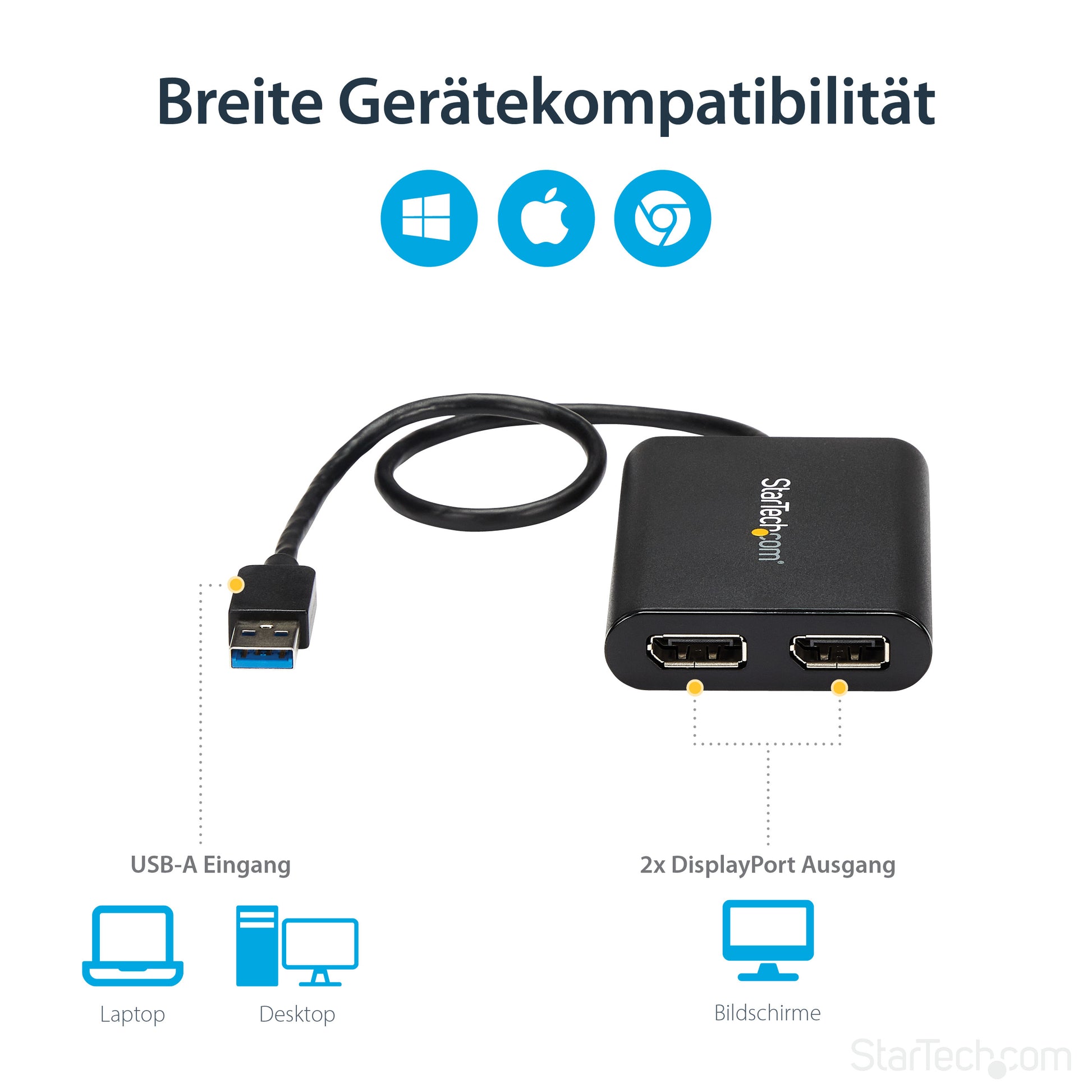 StarTech.com Multi-Monitor-Adapter USB-A zu 2× DisplayPort – 4K (4096 × 2160) @ 60 Hz, 0,3 m