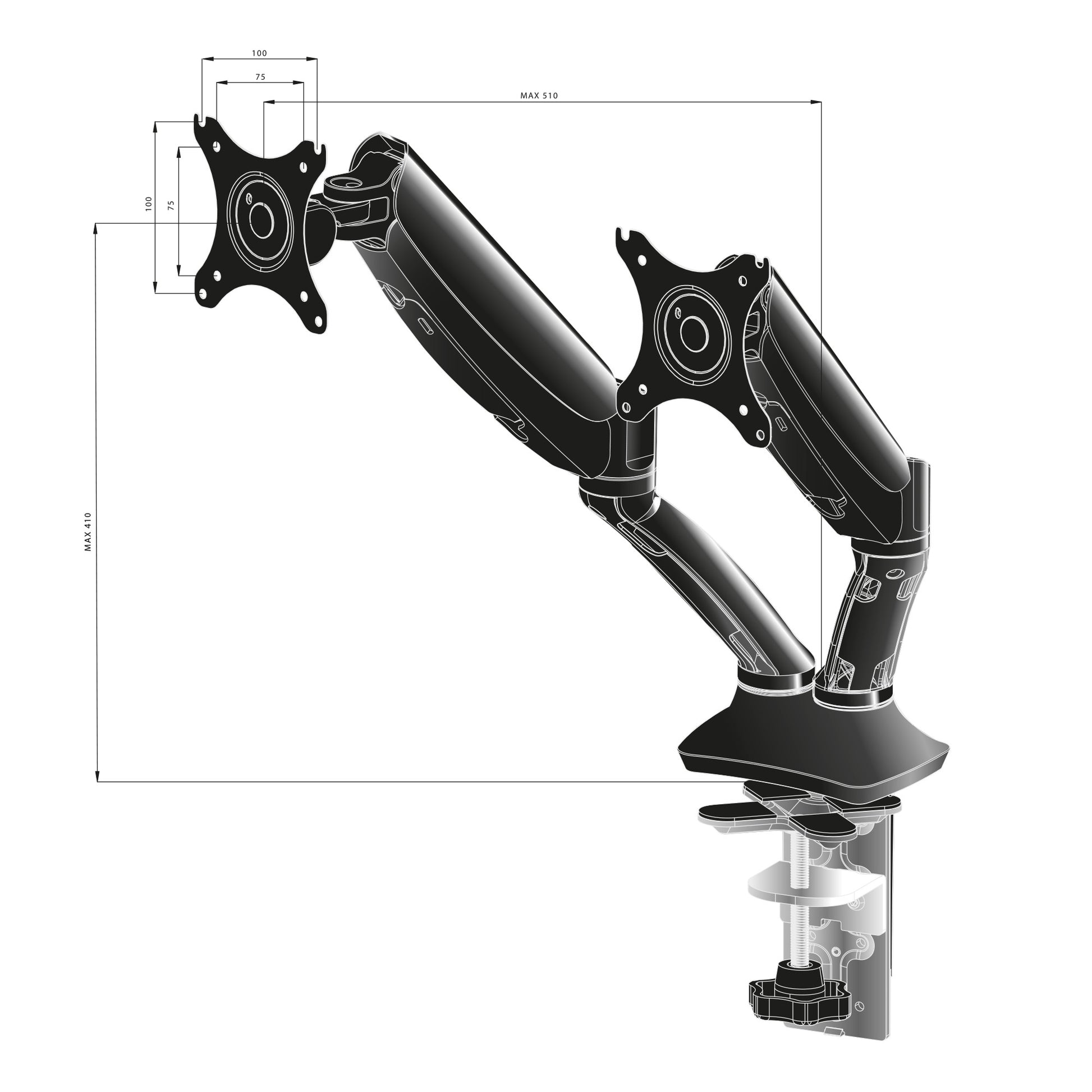 iiyama Monitorarm, Dual, Tischklemme, bis 27", VESA 100 × 100 mm, 5 kg, Gasfeder