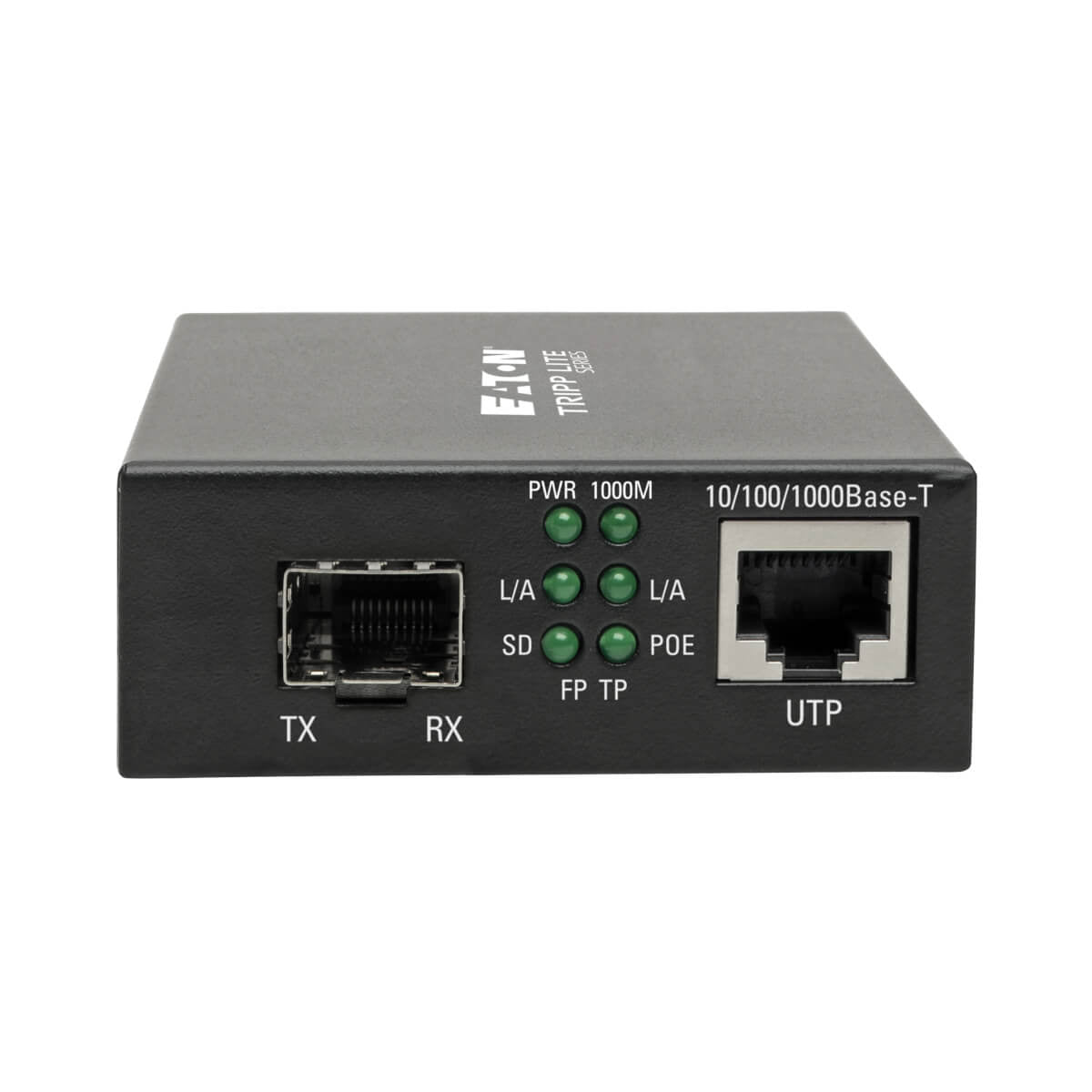 Tripp Lite N785-INT-PSFP Medienkonverter SFP zu RJ-45 – Gigabit, PoE+ (48 V), Multi/Singlemode – Schwarz