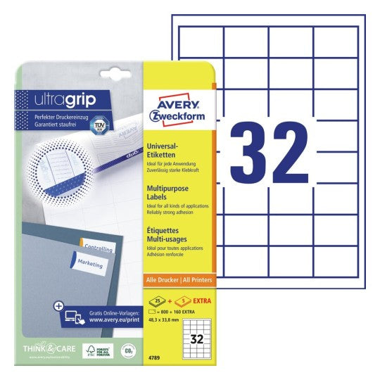 Avery 4789 – Etiketten A4 48 × 34 mm – weiss – permanent haftend – Laser/Inkjet – 30 Blätter (960 Stk.)