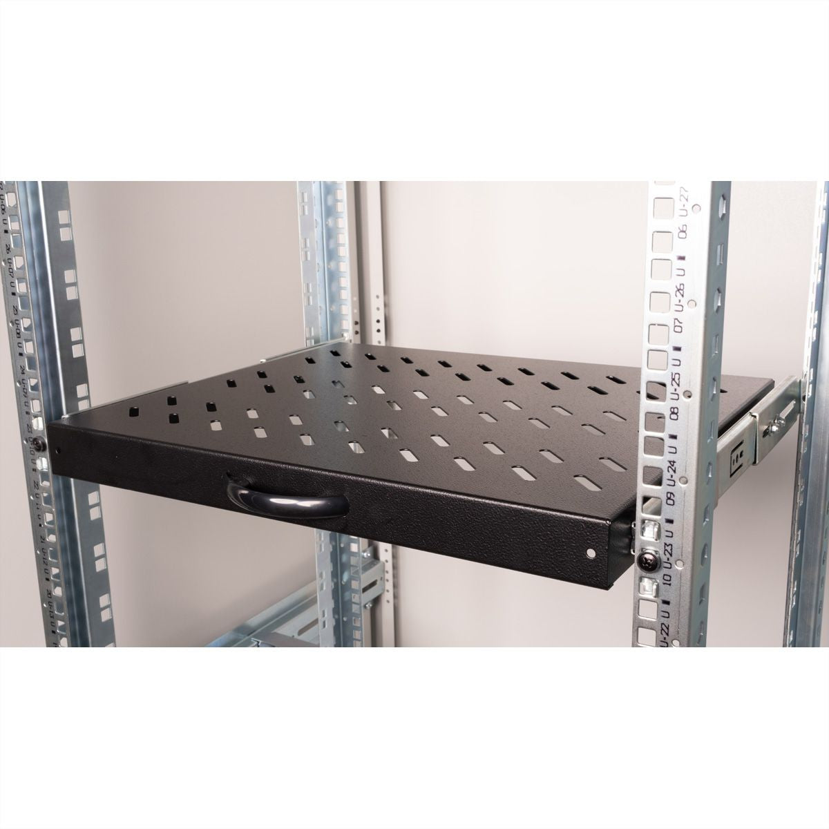 ROLINE Rack-Regalboden 19", ausziehbar – 1U – 485 × 368 × 40 mm – 25 kg – für 19"-Schränke – schwarz – Stahl