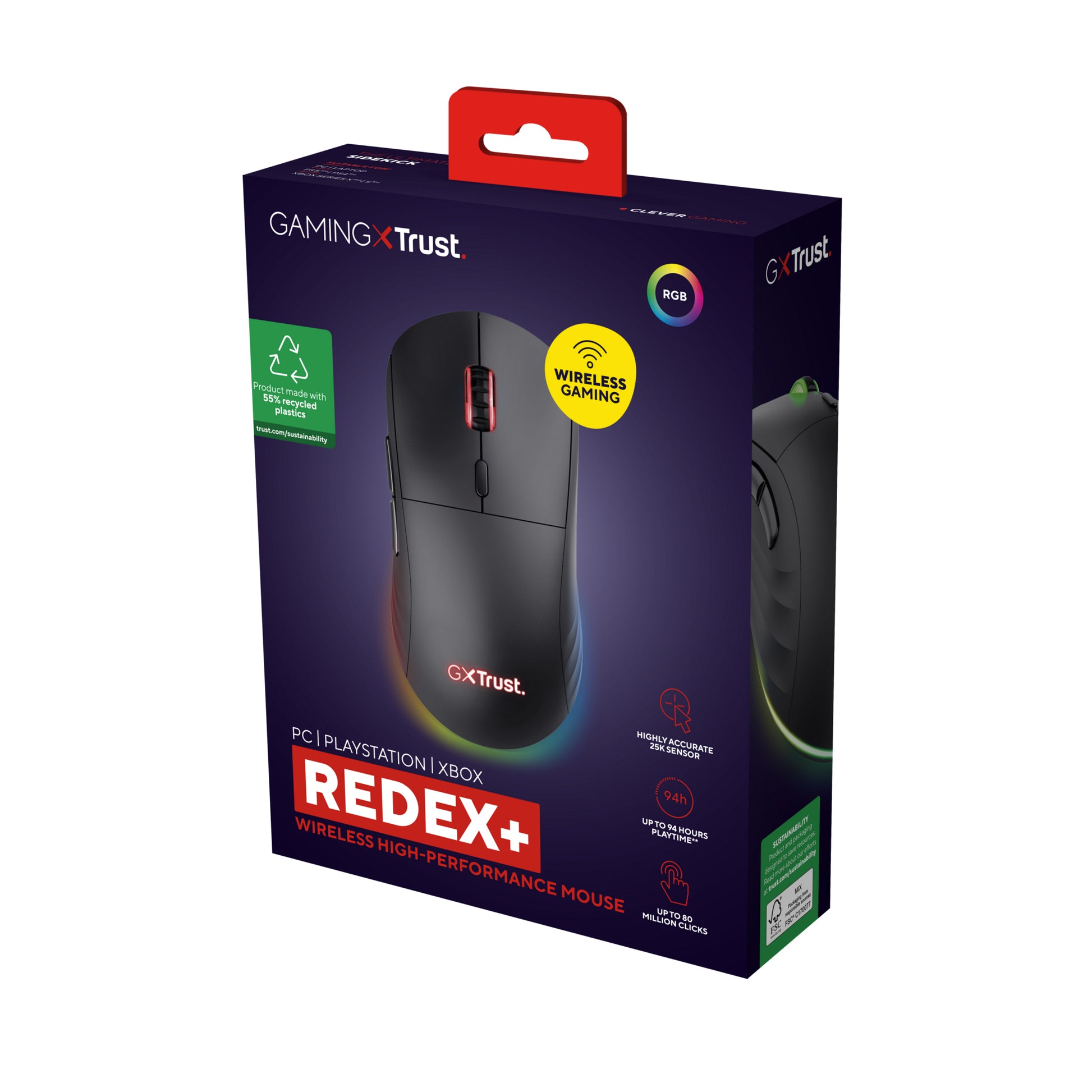 Trust GXT 927 Redex+ – Gaming-Maus – Kabellos (2,4 GHz), 25600 DPI, RGB-Beleuchtung, Rechtshänder, Schwarz