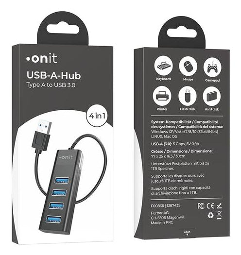 ONIT F00836 USB-Hub – USB 3.0, 4× USB-A, für Windows/Mac/Linux