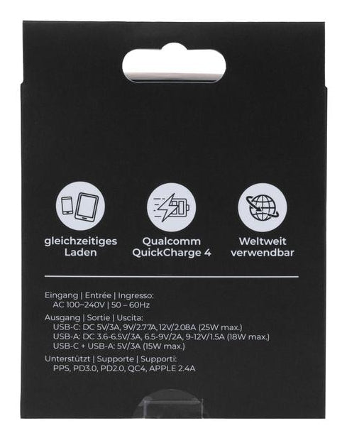 ONIT F01379 USB-Wandladegerät 25 W (USB-C) + 18 W (USB-A) – USB-C×1, USB-A×1 – PD, QC – Weiss