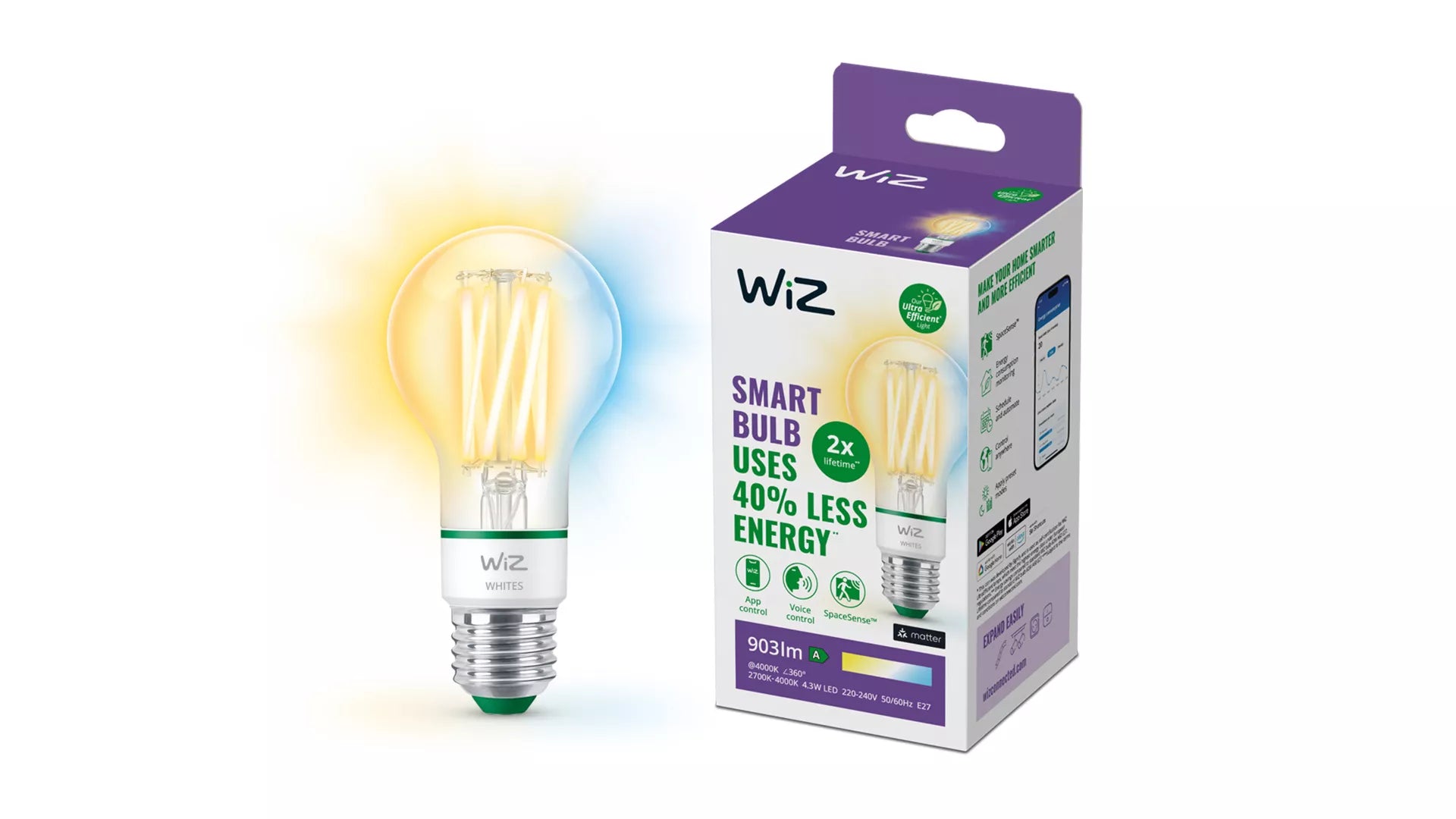 WiZ LED A60 – WLAN, Bluetooth, dimmbar – 2’700–4’000 K – 903 lm 4,3 W – E27, transparent