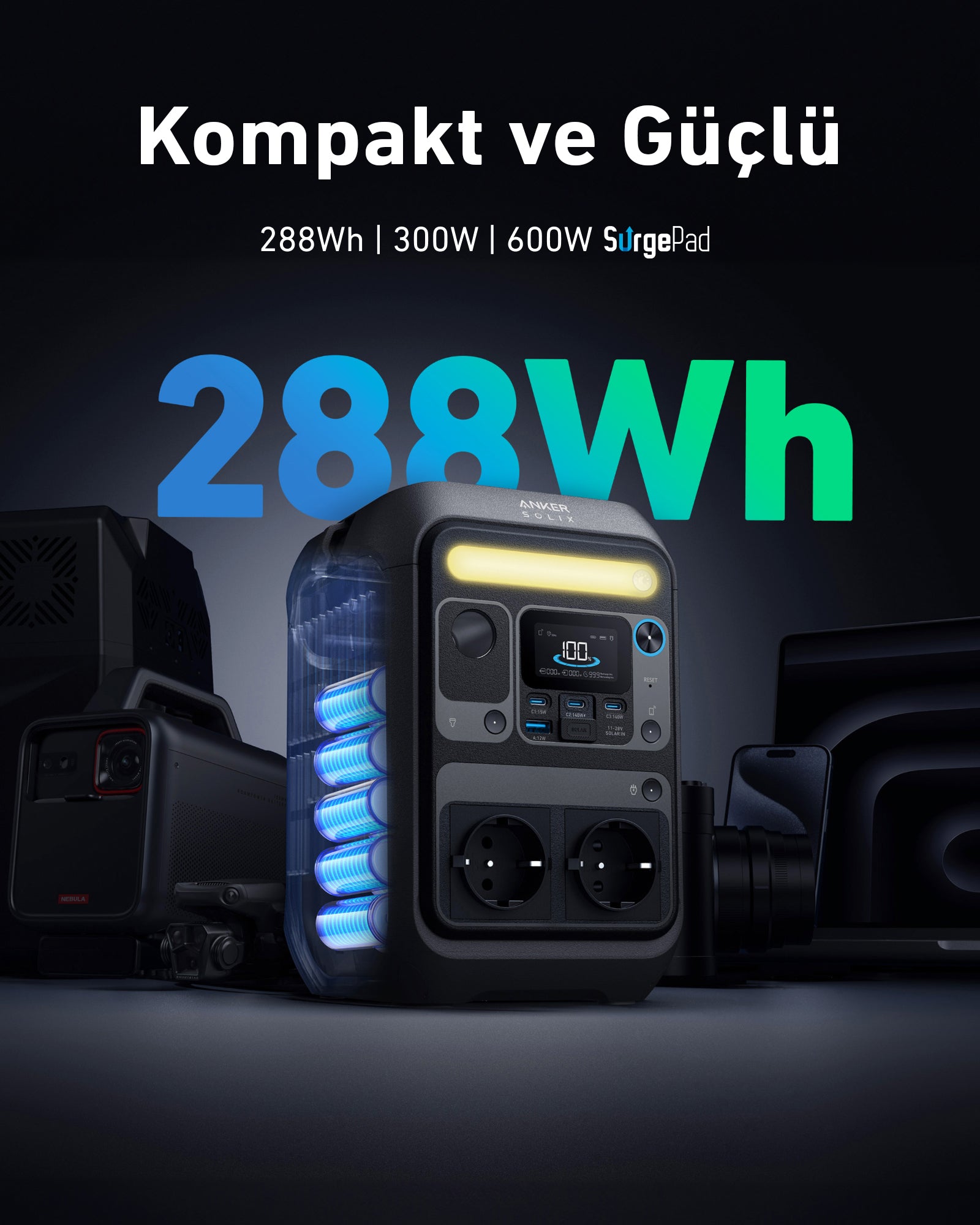 Anker SOLIX C300X – Powerstation, 288 Wh, LiFePO4, 5× AC, WLAN, Bluetooth