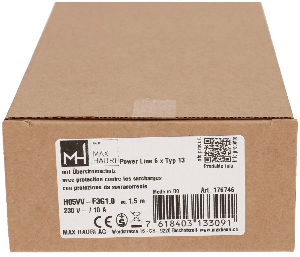Max Hauri AG Max Hauri Steckdosenleiste, 6×T13, ohne Schalter, 1,5 m, Überstromschutz, Eingang T12 – schwarz