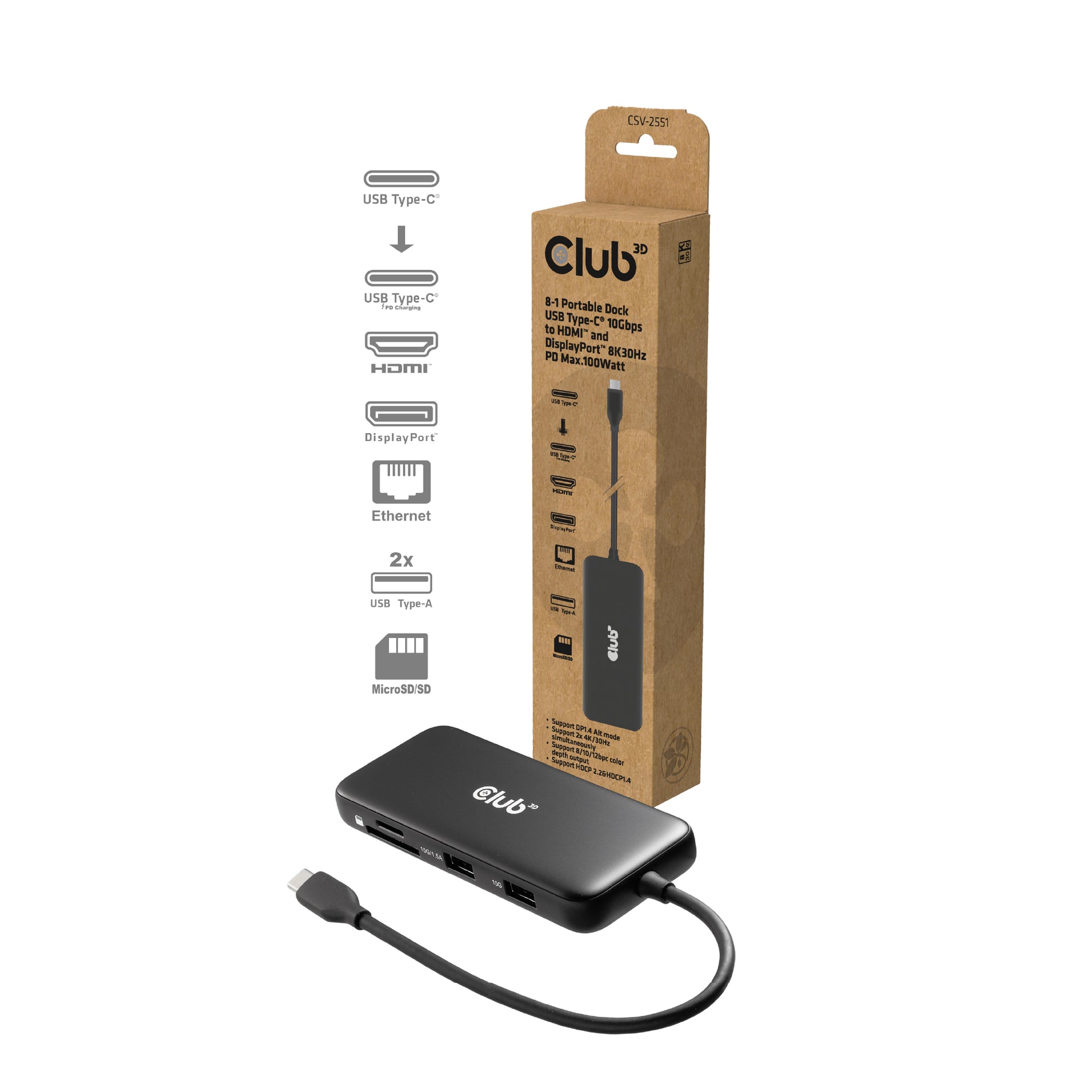CLUB3D Club 3D Multiport-Adapter – USB-C, DP/HDMI, USB-A, 100 W PD, für Windows/Mac