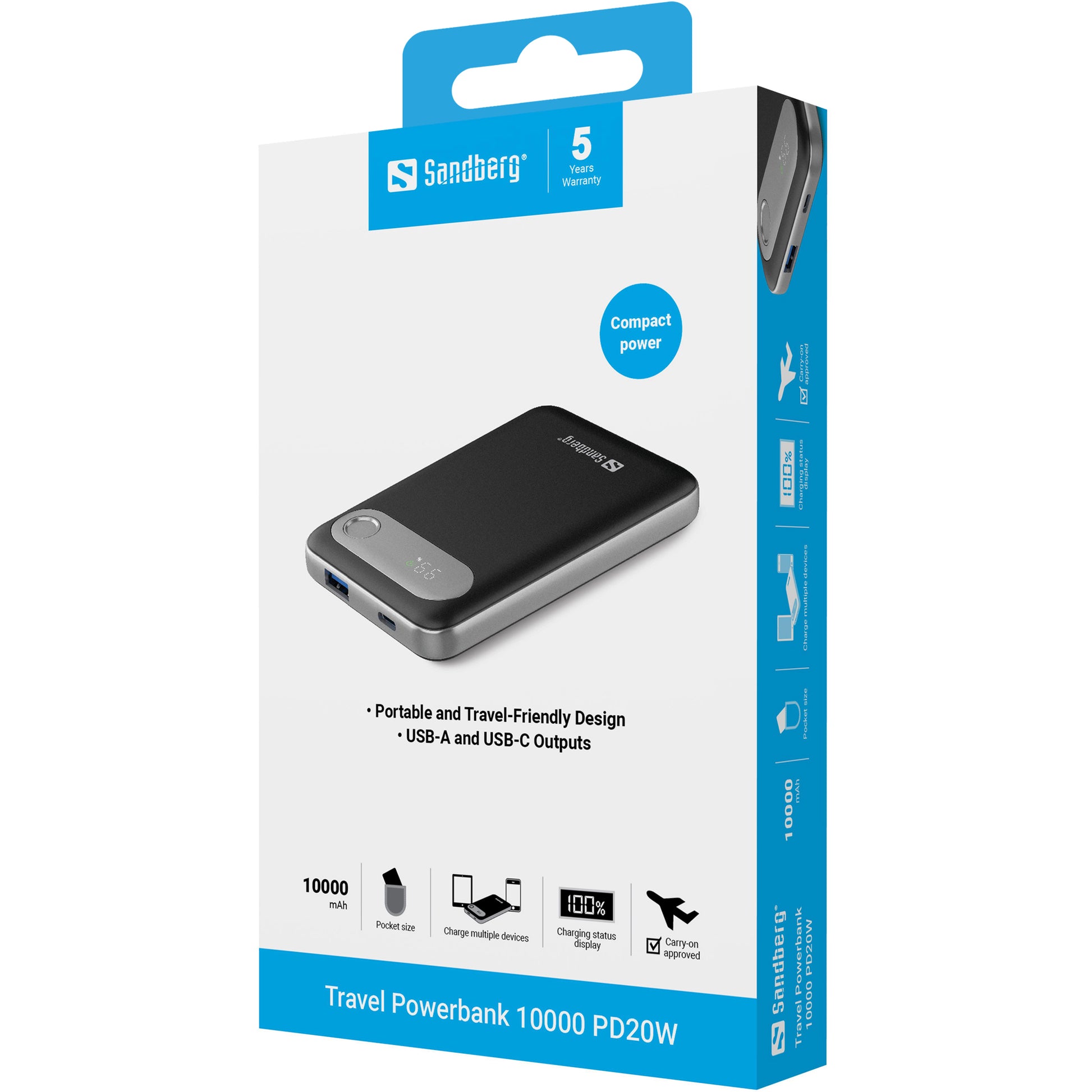Sandberg Powerbank 10'000 mAh – 22,5 W PD, 1× USB-C, 1× USB-A, schwarz