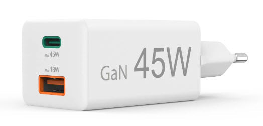 Hama 00201993 USB-Ladegerät 45 W – USB-C×1, USB-A×1 – PD, QC 3.0 – GaN, EU-Stecker (Typ C), Weiss
