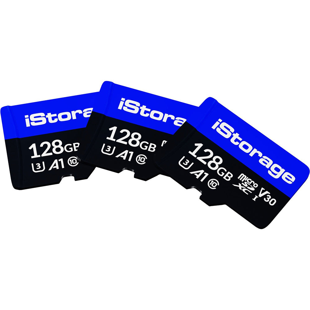 iStorage microSDXC 128 GB – UHS-III, Klasse 10, U3, V30, A1, 100/95 MB/s, 3er Pack