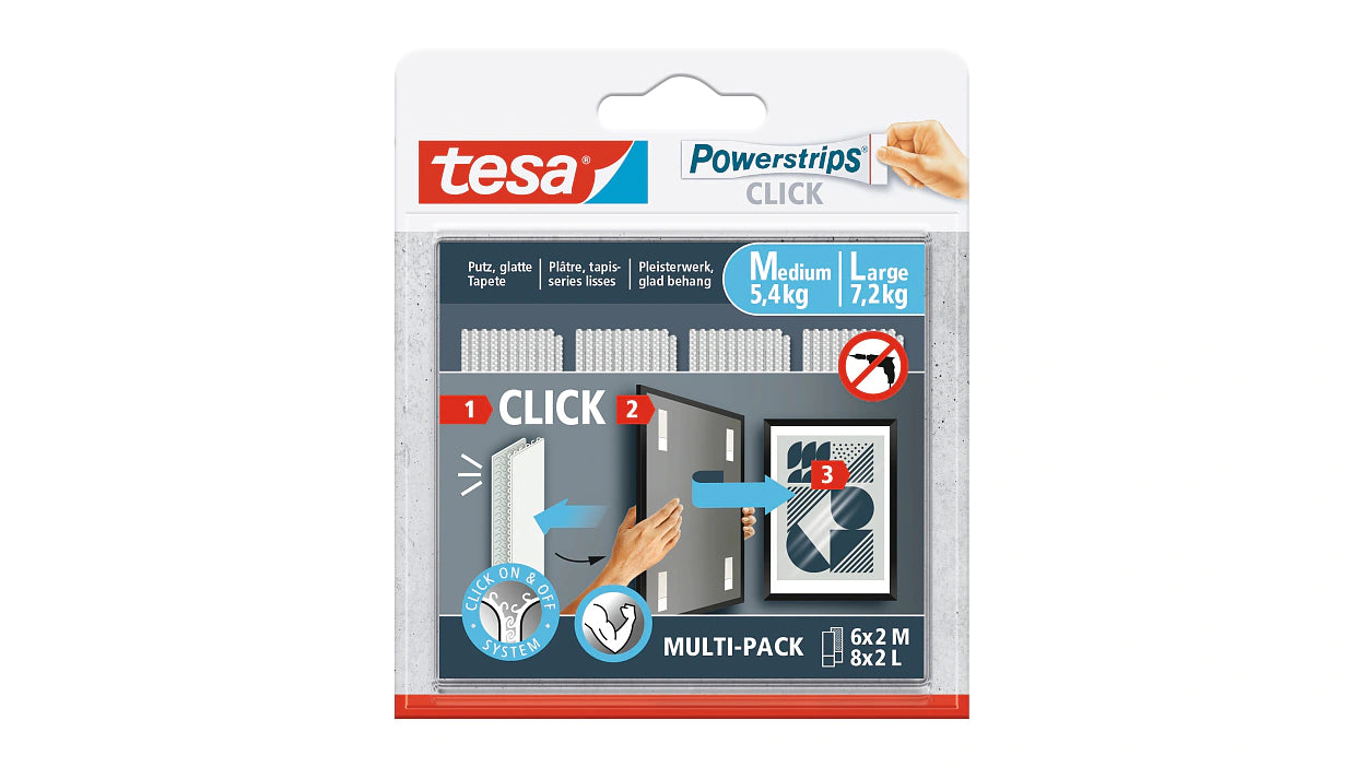 TESA Powerstrips CLICK Montagestreifen – weiss, bis 7,2 kg, 28 Stk., für Innen