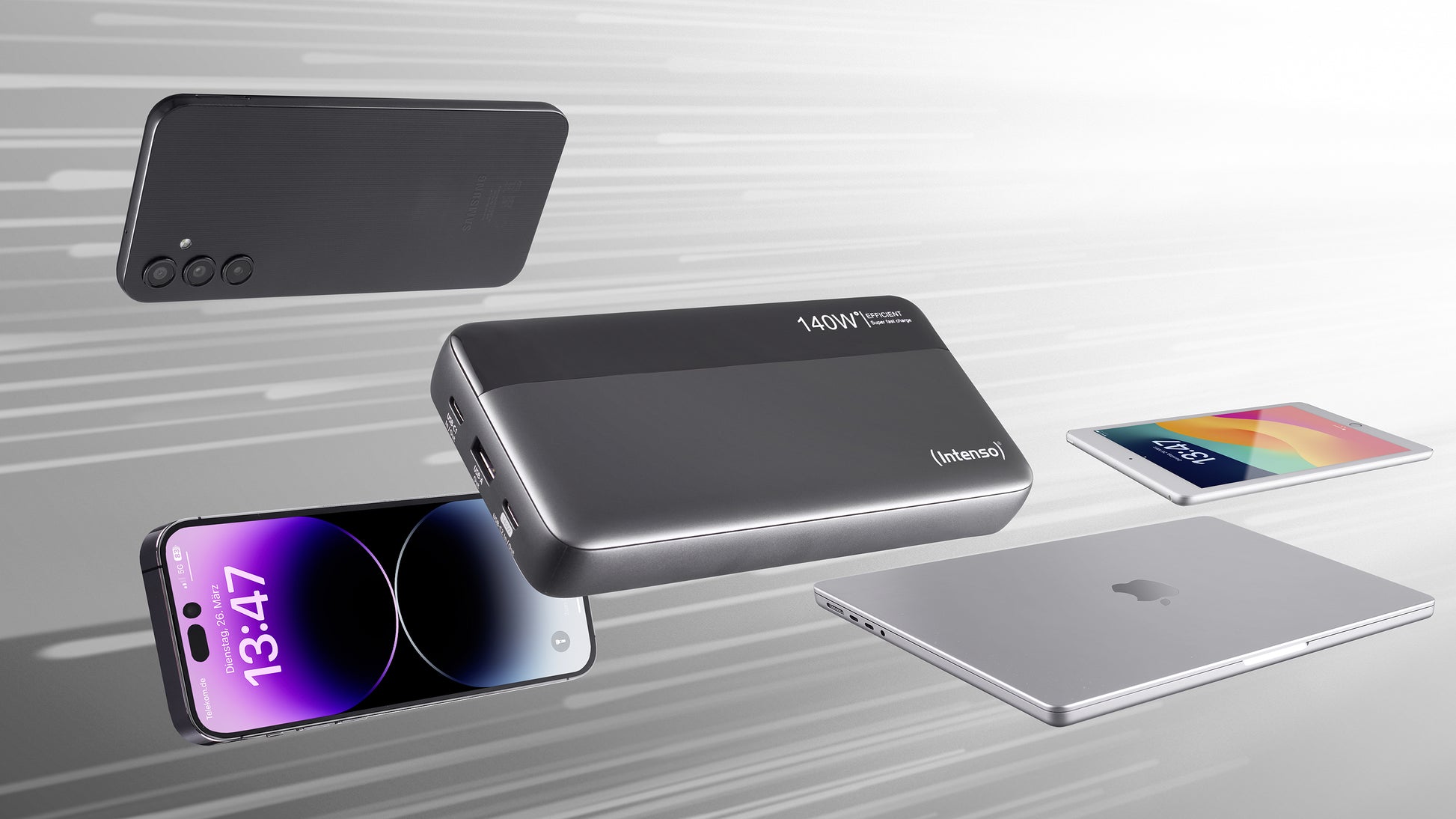 Intenso Powerbank 25'000 mAh – 140 W PD, 2× USB-C, 1× USB-A, grau/schwarz