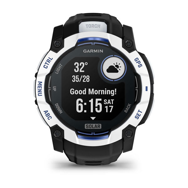 Garmin Instinct 3 50 mm GPS – faserverstärkter Kunststoff Weiss, Sportarmband, Dunkelblau, 100 m, für iPhone