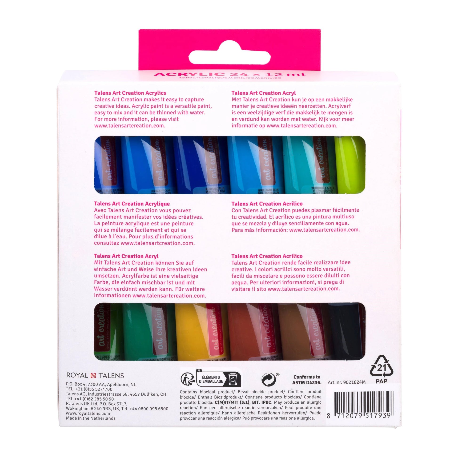 Talens Acrylfarbe – 24 Farben (24×12 ml) – Mehrfarbig, Wasserfest – für Papier, Leinwand, Holz