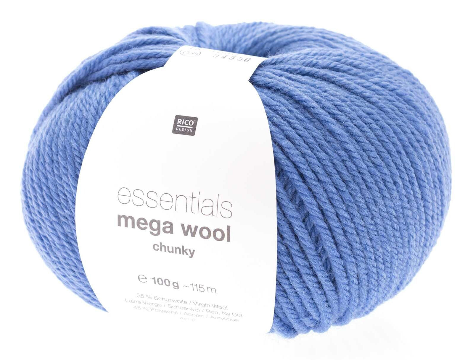 Rico Design Essentials Mega Wool Chunky Wolle Azur – 100 g, 125 m, Nadel 6 mm, 55% Schurwolle/45% Polyacryl