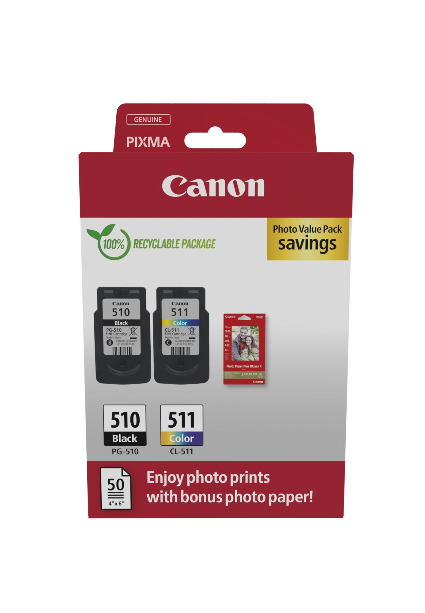 Canon PG-510/CL-511 Foto-Wertpaket – Schwarz/Cyan/Magenta/Gelb, Pixma iP2700