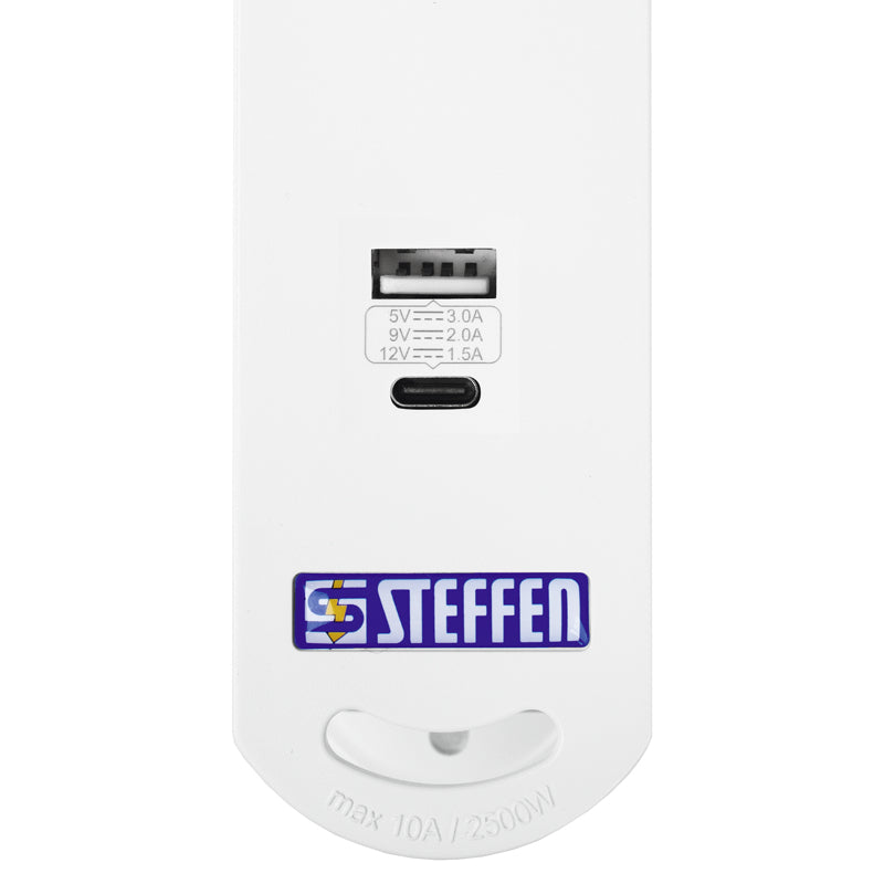 Steffen STEBA VARIABL Steckdosenleiste, 6×T13, 1×USB‑A + 1×USB‑C PD 18 W, mit Schalter, 3 m – weiss